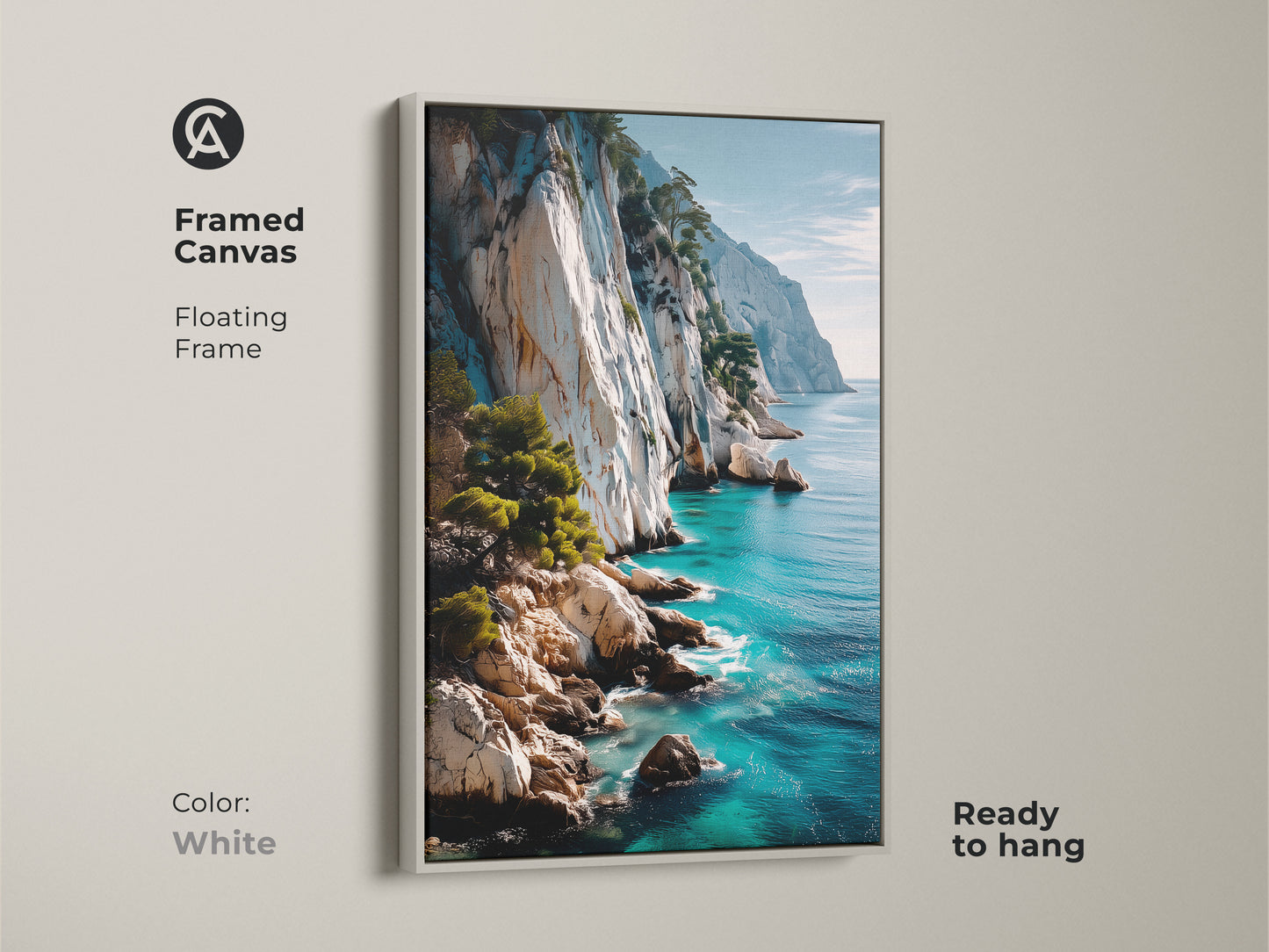 Framed canvas with a white floating frame featuring coastal cliff artwork. The turquoise blue ocean and photorealistic details create a serene atmosphere. This nature landscape complements any interior. It's a stunning seascape painting for your home or office. Ready to hang and enjoy.