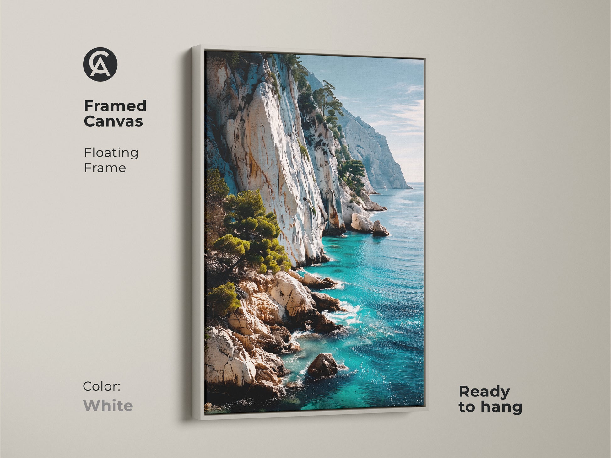 Framed canvas with a white floating frame featuring coastal cliff artwork. The turquoise blue ocean and photorealistic details create a serene atmosphere. This nature landscape complements any interior. It's a stunning seascape painting for your home or office. Ready to hang and enjoy.