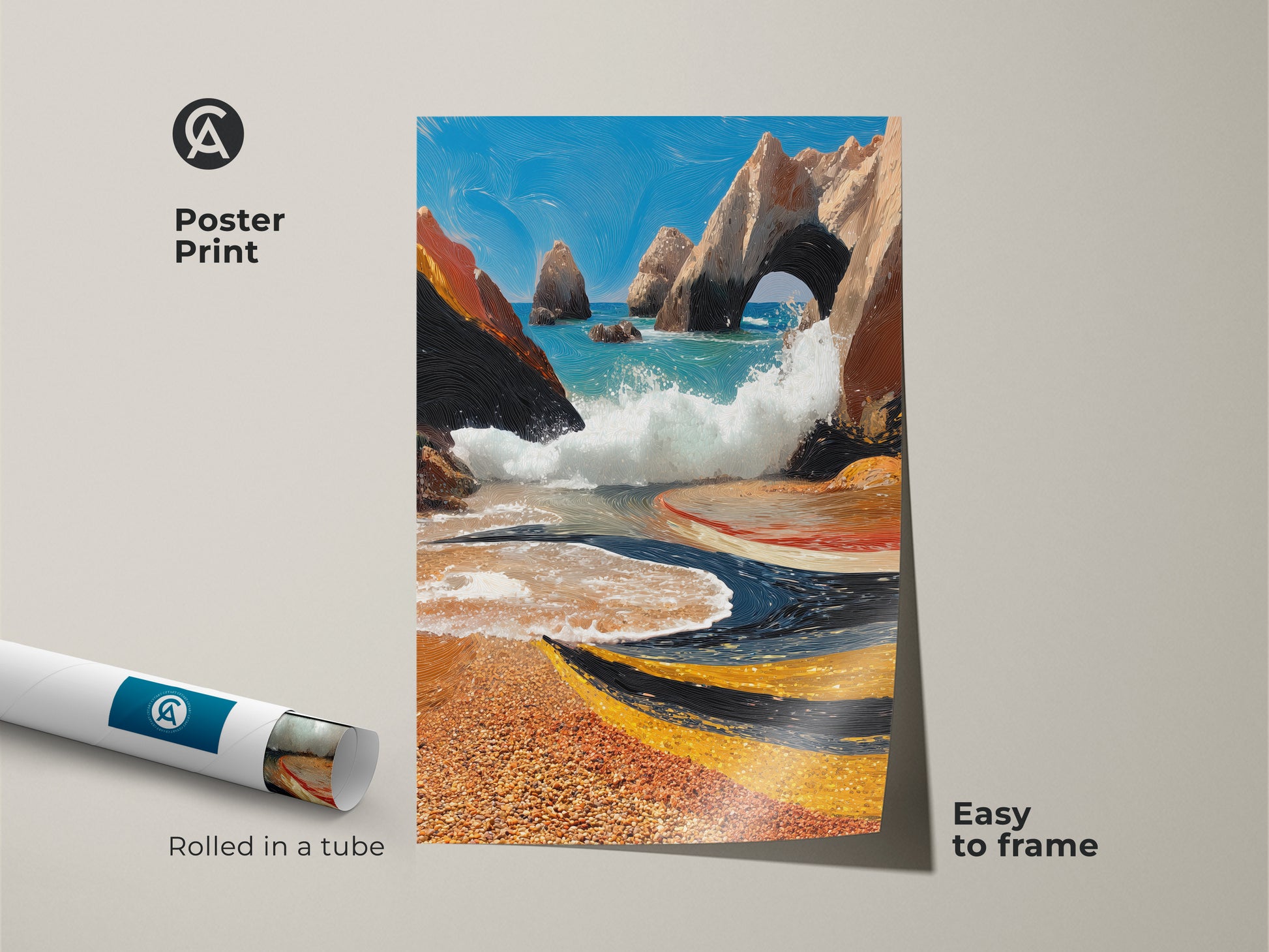 Poster print of a coastal archway scene. Ocean waves create a dynamic beach print. The art has textured aqua and orange. A blue landscape adds color. Easy to frame. It is shipped rolled in a tube. It is a great housewarming present art.