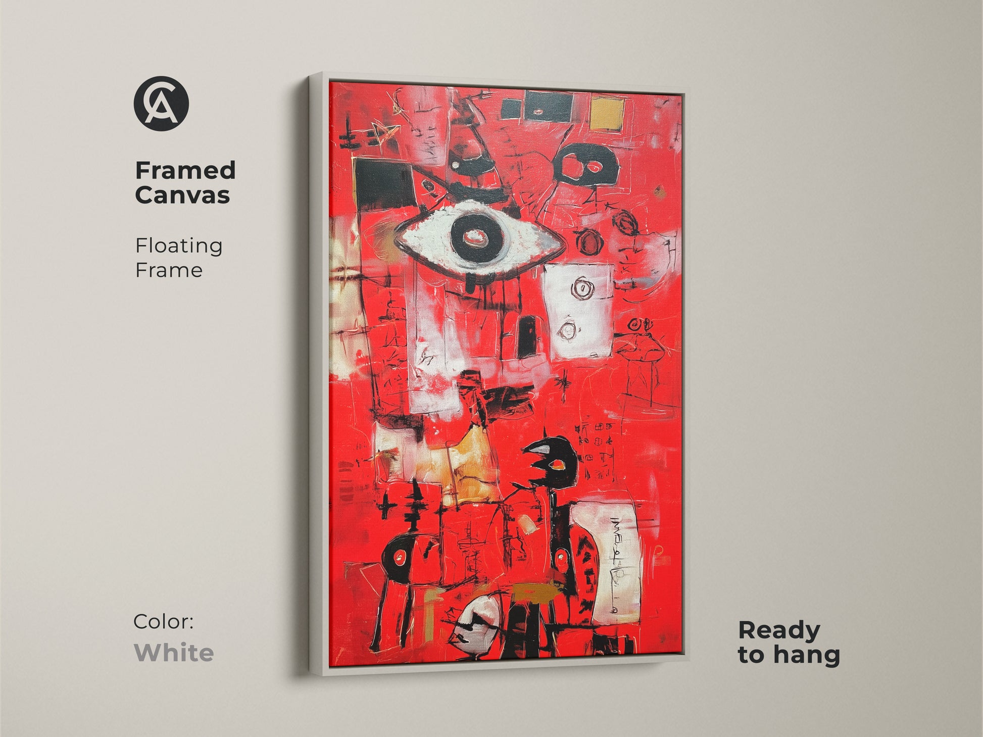 Contemporary abstract artwork. The vivid red painting is on framed canvas. The canvas is displayed in a white floating frame. The painting features an eye symbol and abstract shapes. This framed art is perfect for modern spaces and ready to hang.