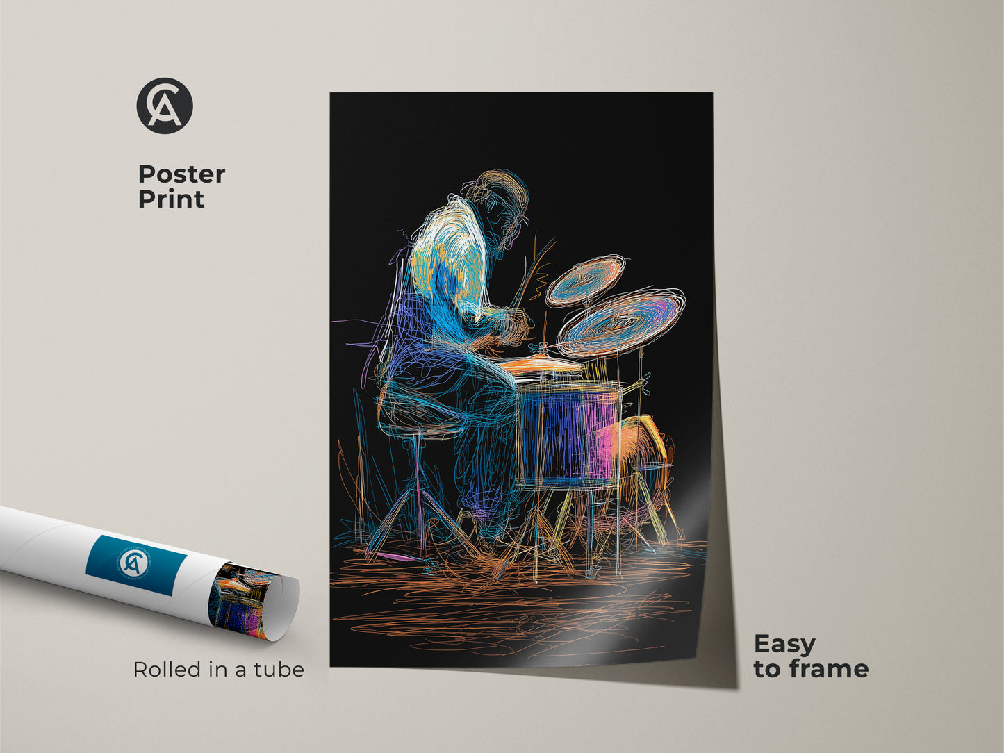 Poster print featuring an abstract drummer in sketch style. This music room artwork is easy to frame. Enhance your space with this abstract music art a perfect gift for musicians and art lovers alike