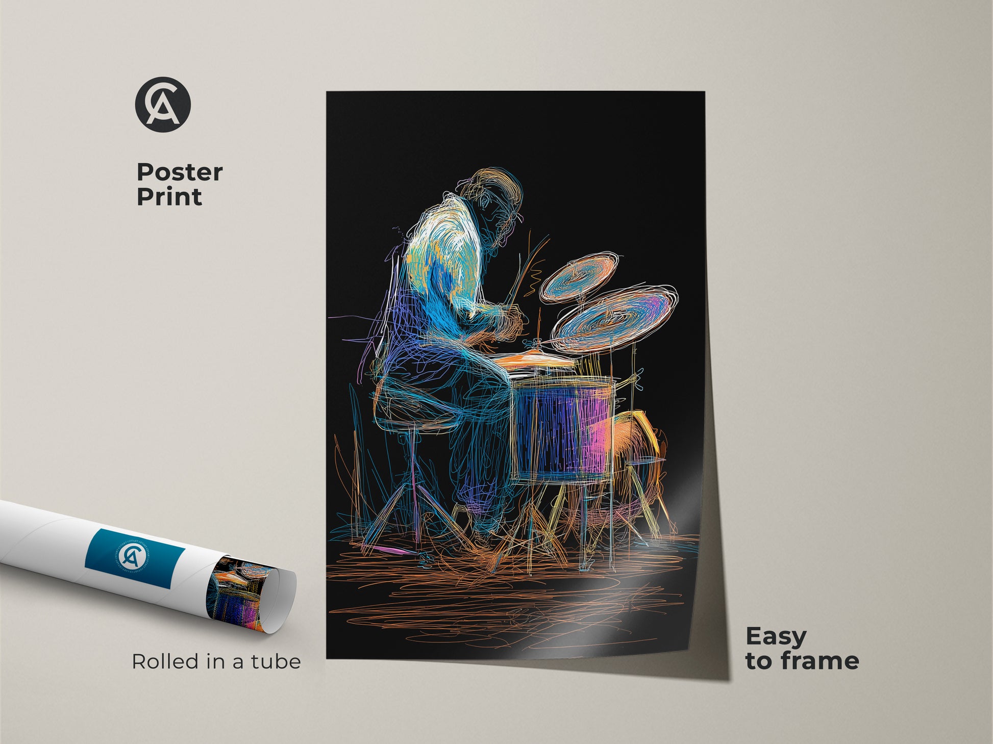 Poster print featuring an abstract drummer in sketch style. This music room artwork is easy to frame. Enhance your space with this abstract music art a perfect gift for musicians and art lovers alike