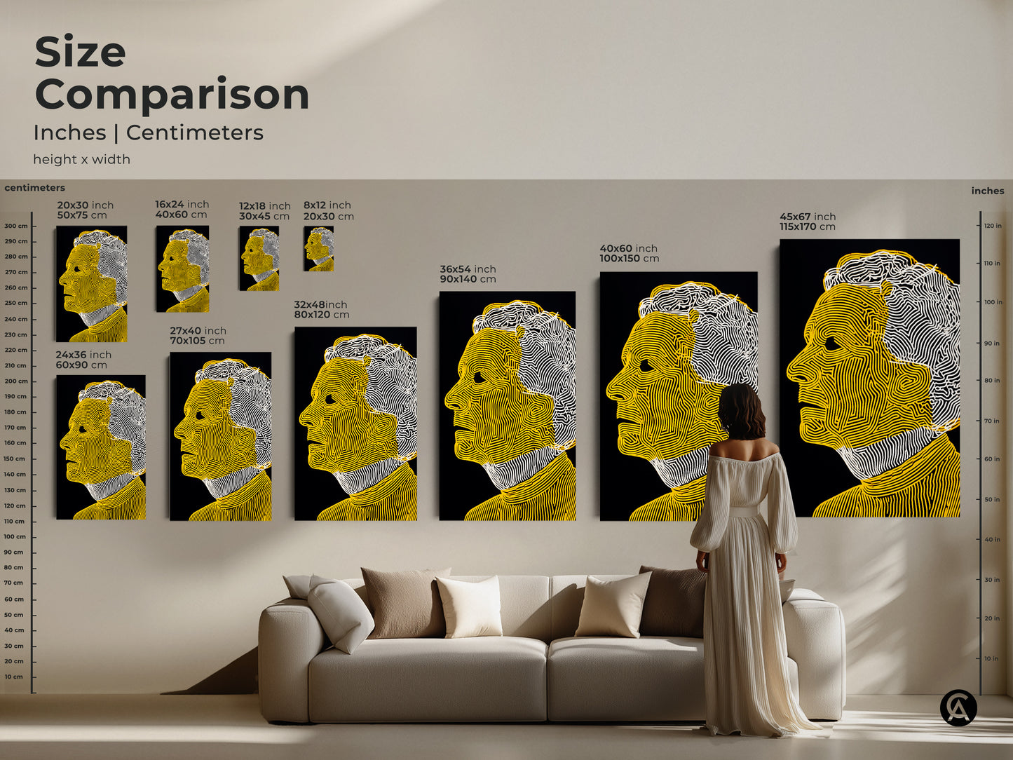 Size comparison of portrait art prints in inches and centimeters. This guide shows how different sizes look in a living room setting. The yellow and white line art stands out. Find the ideal size for your art collection.