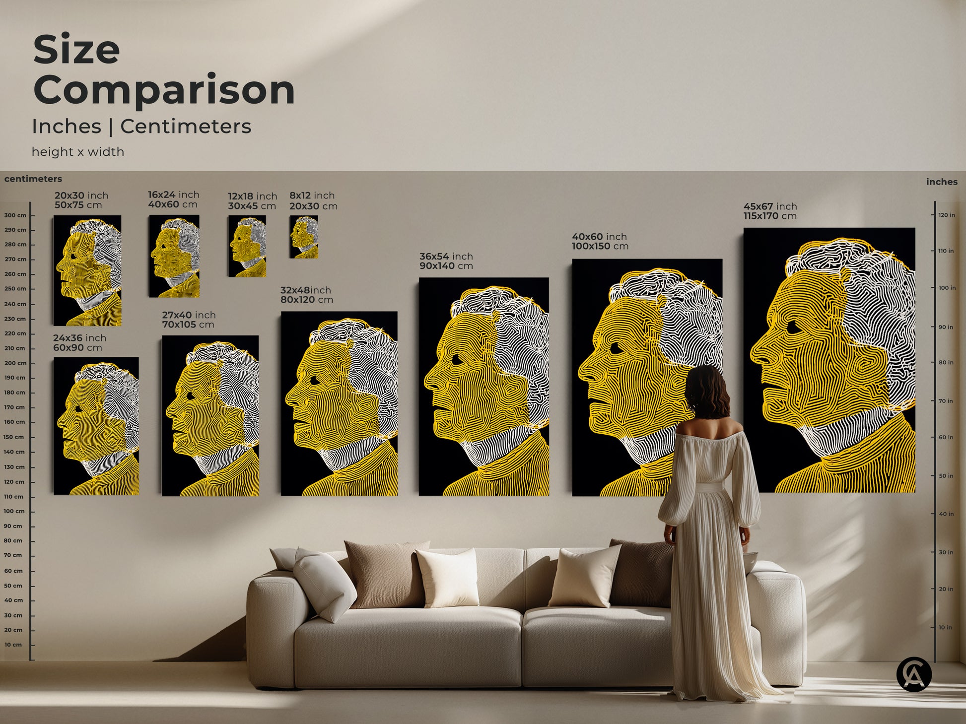Size comparison of portrait art prints in inches and centimeters. This guide shows how different sizes look in a living room setting. The yellow and white line art stands out. Find the ideal size for your art collection.