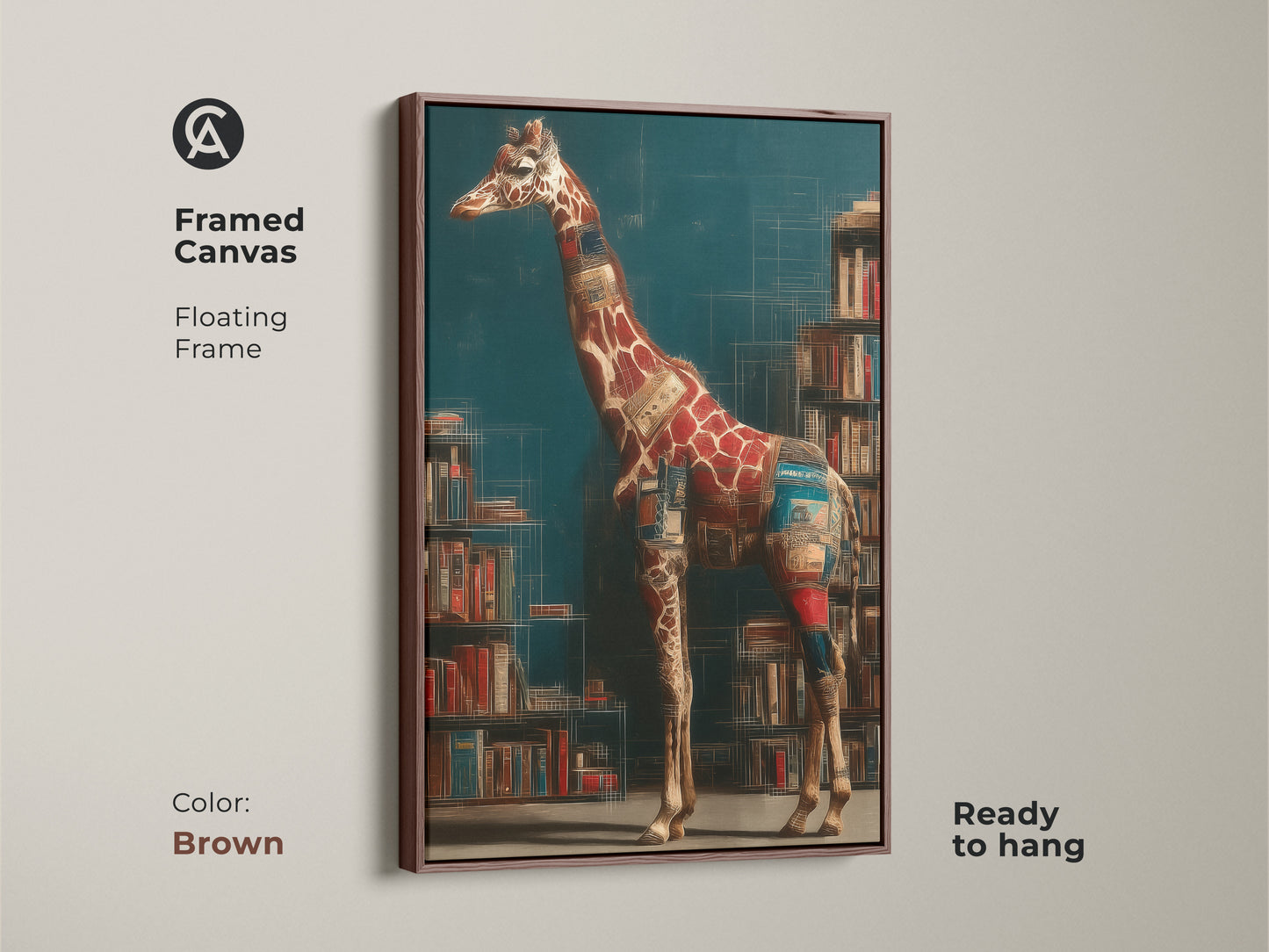 Framed canvas showcases a surreal giraffe ready to hang. Its brown floating frame accentuates eclectic study room decor. The literary wall art gift has teal brown red hues.