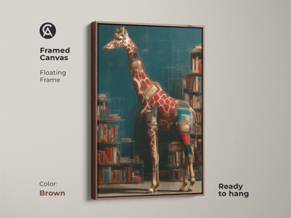 Framed canvas showcases a surreal giraffe ready to hang. Its brown floating frame accentuates eclectic study room decor. The literary wall art gift has teal brown red hues.