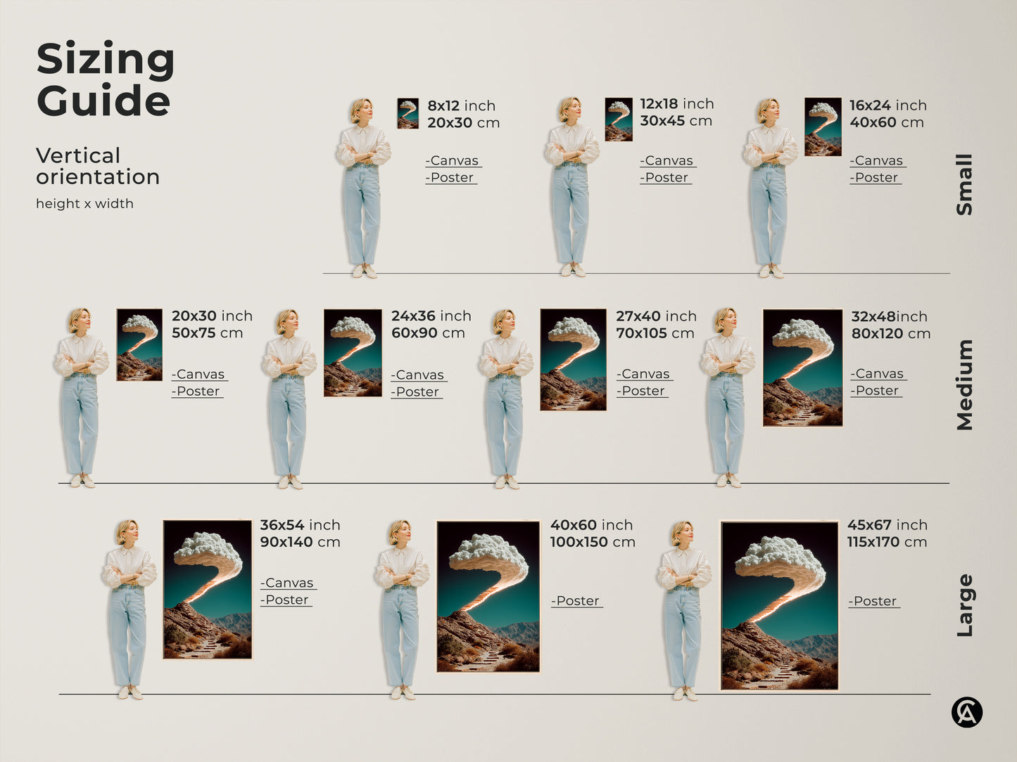 Sizing guide for vertical surreal stairway canvas and poster prints. Visual guide presents small medium and large art options. Decorate any space and add to home decor with your artwork.