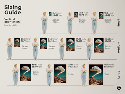 Sizing guide for vertical surreal stairway canvas and poster prints. Visual guide presents small medium and large art options. Decorate any space and add to home decor with your artwork.