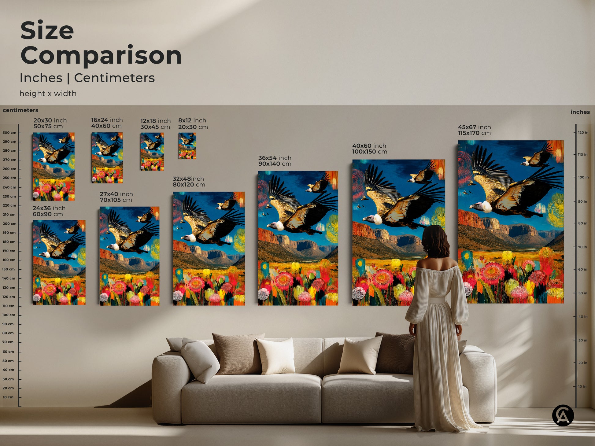 Size comparison of the vulture canvas art print in inches and centimeters. See how the artwork scales in various dimensions from small to large. This abstract canyon landscape art is perfect for adding to your eclectic home. Visualize the impact of each size.