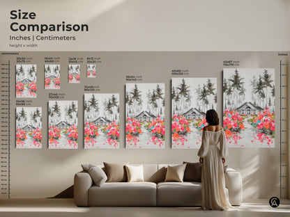 Size comparison shows the house and pine trees art in various dimensions. See inches and centimeters to envision wall art placement. This modern farmhouse entry hall decor is perfect for any room. Transform your space with beautiful landscape wall art.