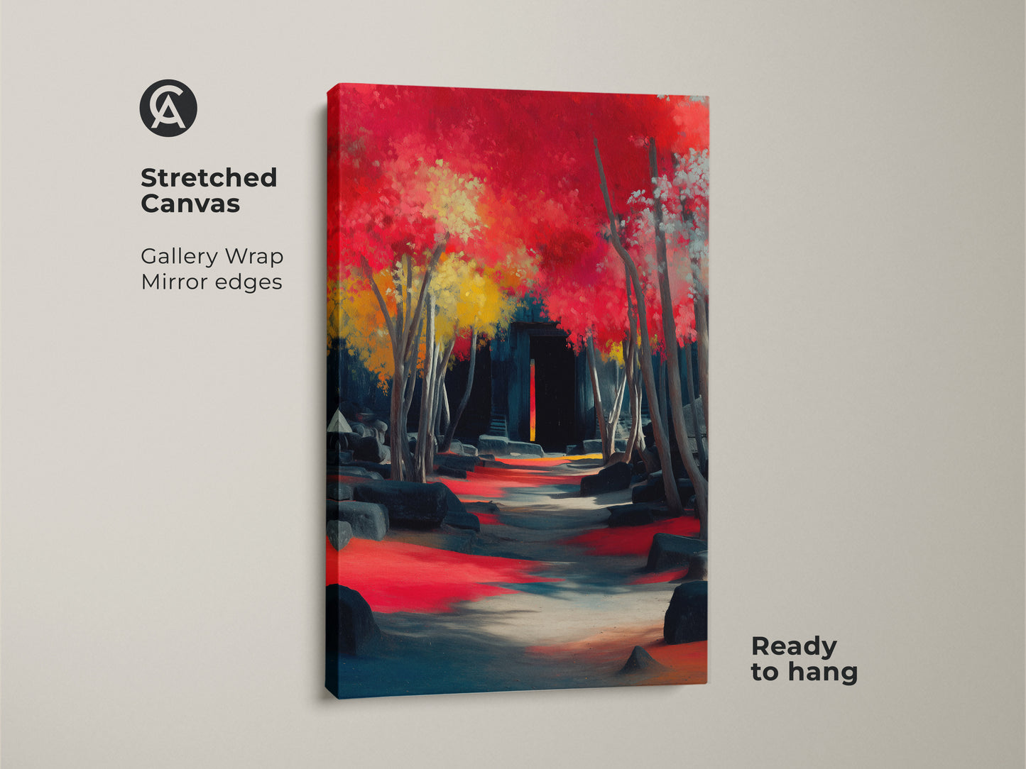 Stretched canvas art with gallery wrap and mirror edges. Crimson red and teal landscape artwork shows a pathway through trees. Ancient ruins stand in the distance. This ready to hang canvas is perfect eclectic home decor.