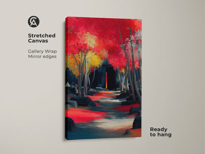 Stretched canvas art with gallery wrap and mirror edges. Crimson red and teal landscape artwork shows a pathway through trees. Ancient ruins stand in the distance. This ready to hang canvas is perfect eclectic home decor.