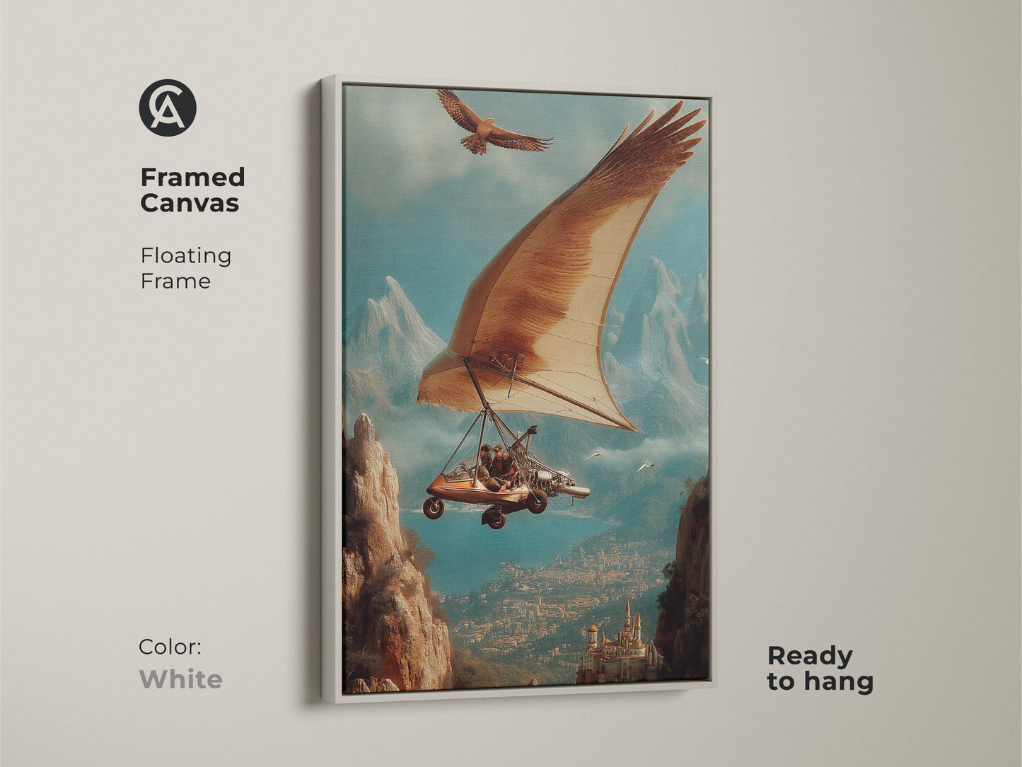 Sizing guide showcasing surreal hang glider art alongside an eagle. The brown blue and teal tones create an epic adventure art. Sizes vary for canvas and poster options. Perfect for eclectic living room decor. Ideal office study wall decor for travel enthusiasts.