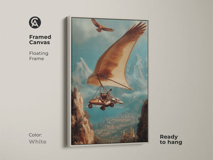 Sizing guide showcasing surreal hang glider art alongside an eagle. The brown blue and teal tones create an epic adventure art. Sizes vary for canvas and poster options. Perfect for eclectic living room decor. Ideal office study wall decor for travel enthusiasts.