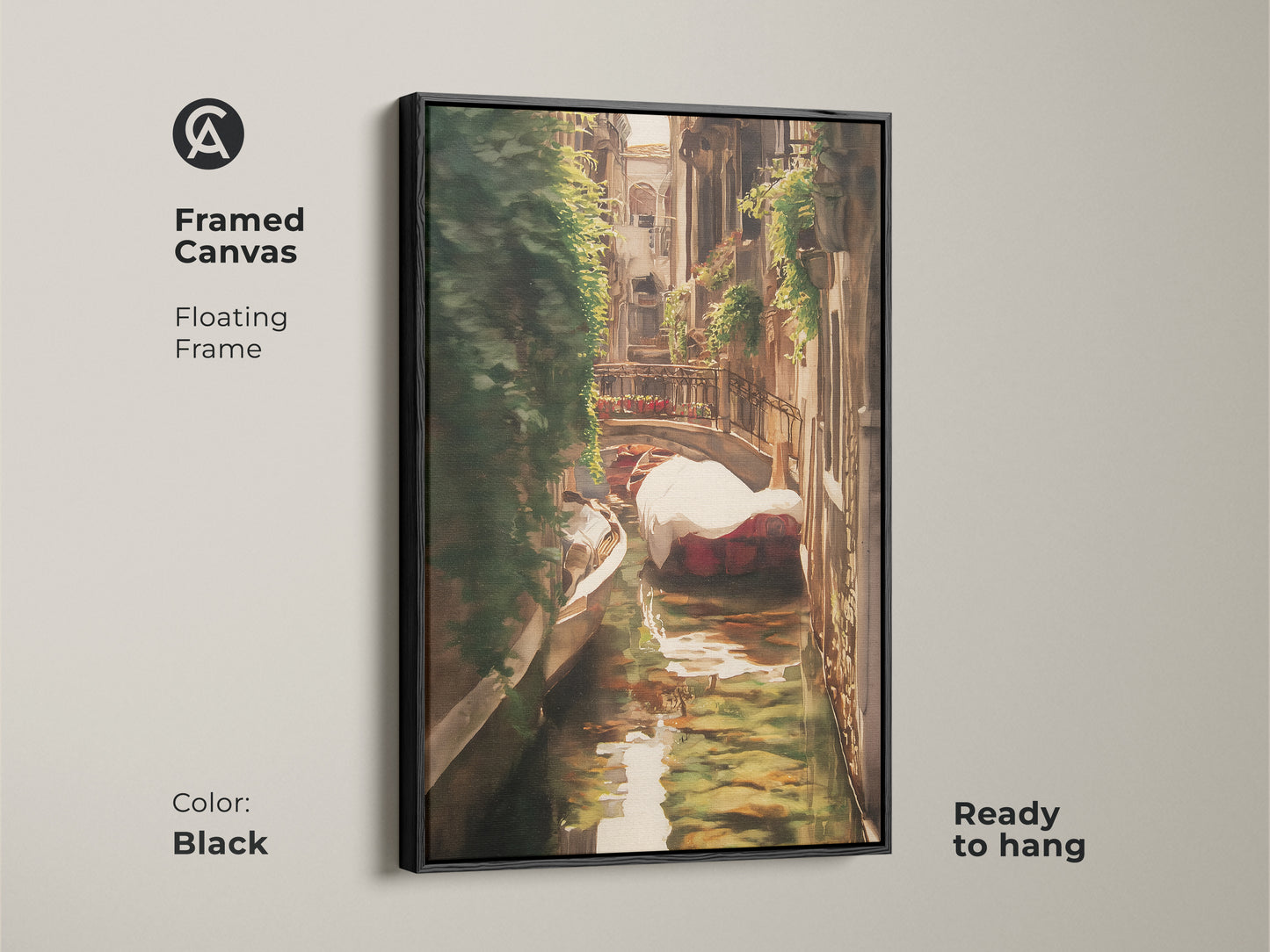 Framed canvas of an Italian canal art print. This Venice gondola landscape painting features traditional brown gold and green tones. Ready to hang with a sleek black floating frame.