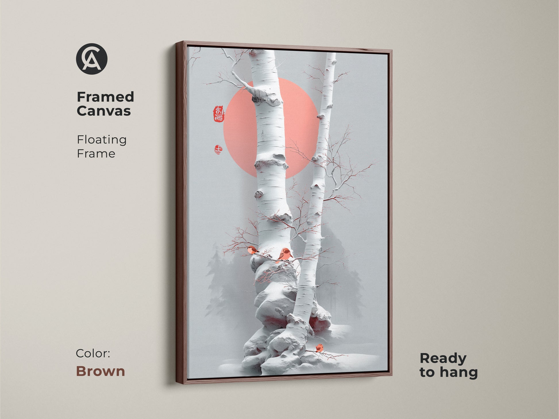 Brown framed canvas featuring minimalist birch tree artwork. Scandinavian winter birds accentuate this Japanese ink nature art. The floating frame highlights the coral sun wall decor. This woodland wildlife art is ready to hang.