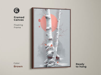 Brown framed canvas featuring minimalist birch tree artwork. Scandinavian winter birds accentuate this Japanese ink nature art. The floating frame highlights the coral sun wall decor. This woodland wildlife art is ready to hang.