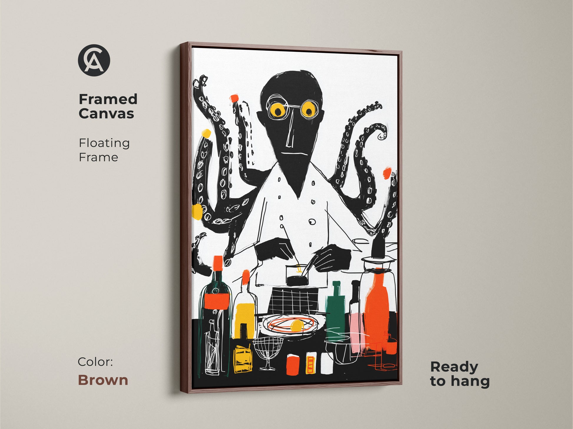 Framed canvas of an octopus chef in brown. The floating frame enhances this unique kitchen art. The black white and yellow art print is ready to hang for any chef lover.