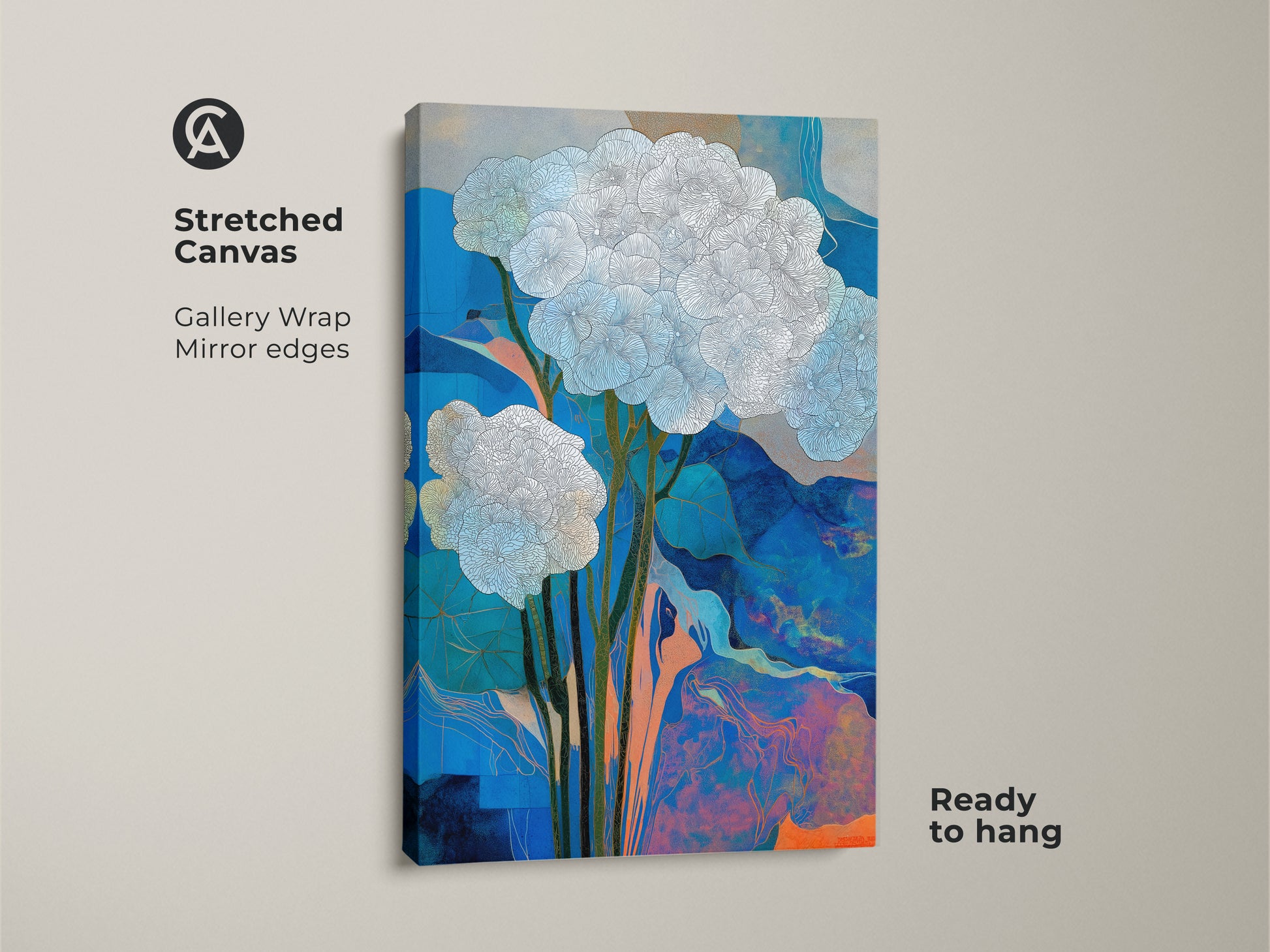 Stretched canvas featuring abstract floral artwork. Blue and orange hues create a modern botanical print. Gallery-wrapped with mirrored edges and ready to hang. This contemporary nature artwork enhances any space. It is perfect as bedroom wall decor or living room canvas print.