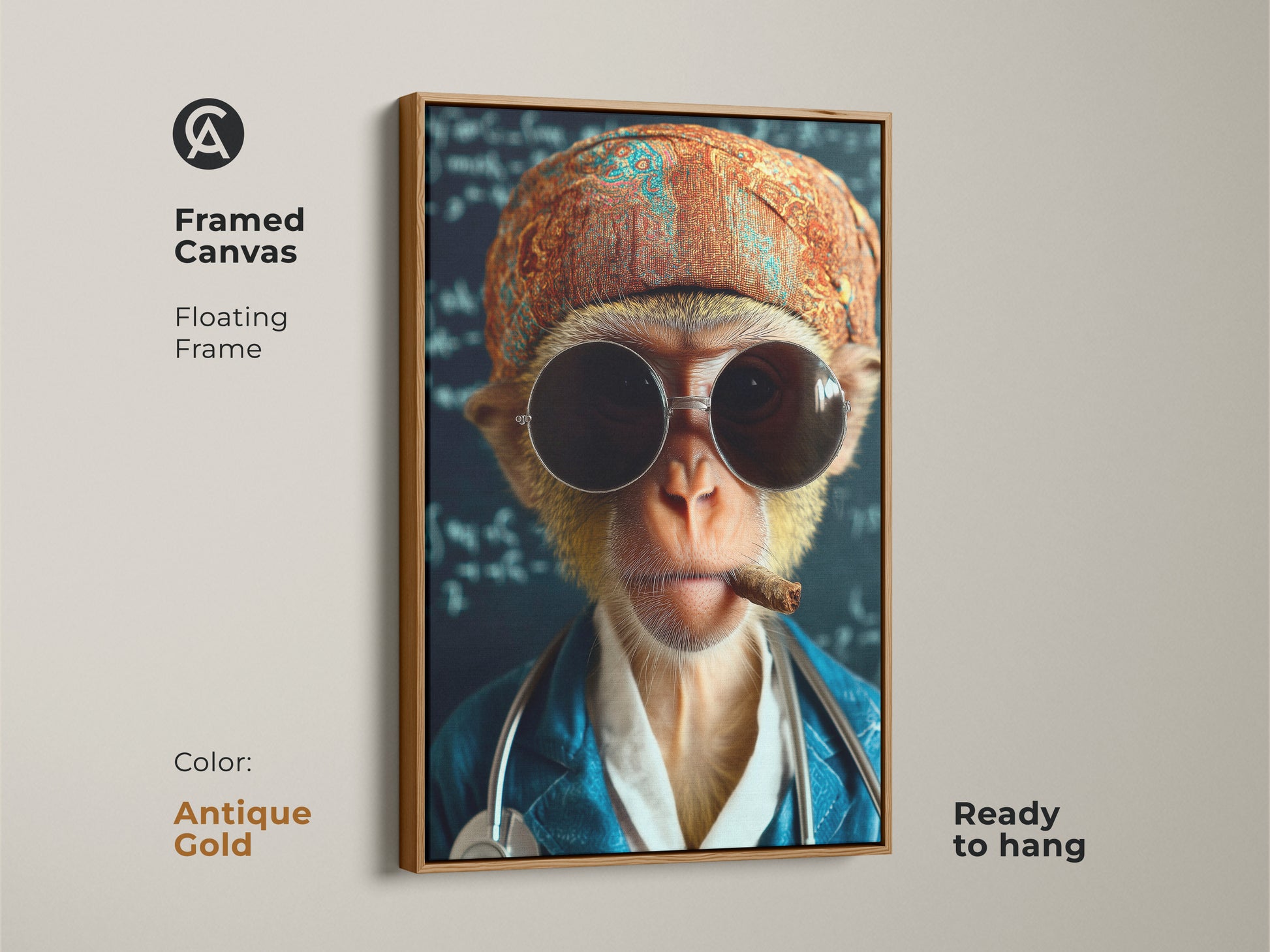 Antique Gold Framed Canvas showing the monkey doctor print. This quirky artwork features a monkey with a stethoscope and sunglasses. Ready to hang this surreal animal art is great for eclectic decor. A unique gift for medical professionals.