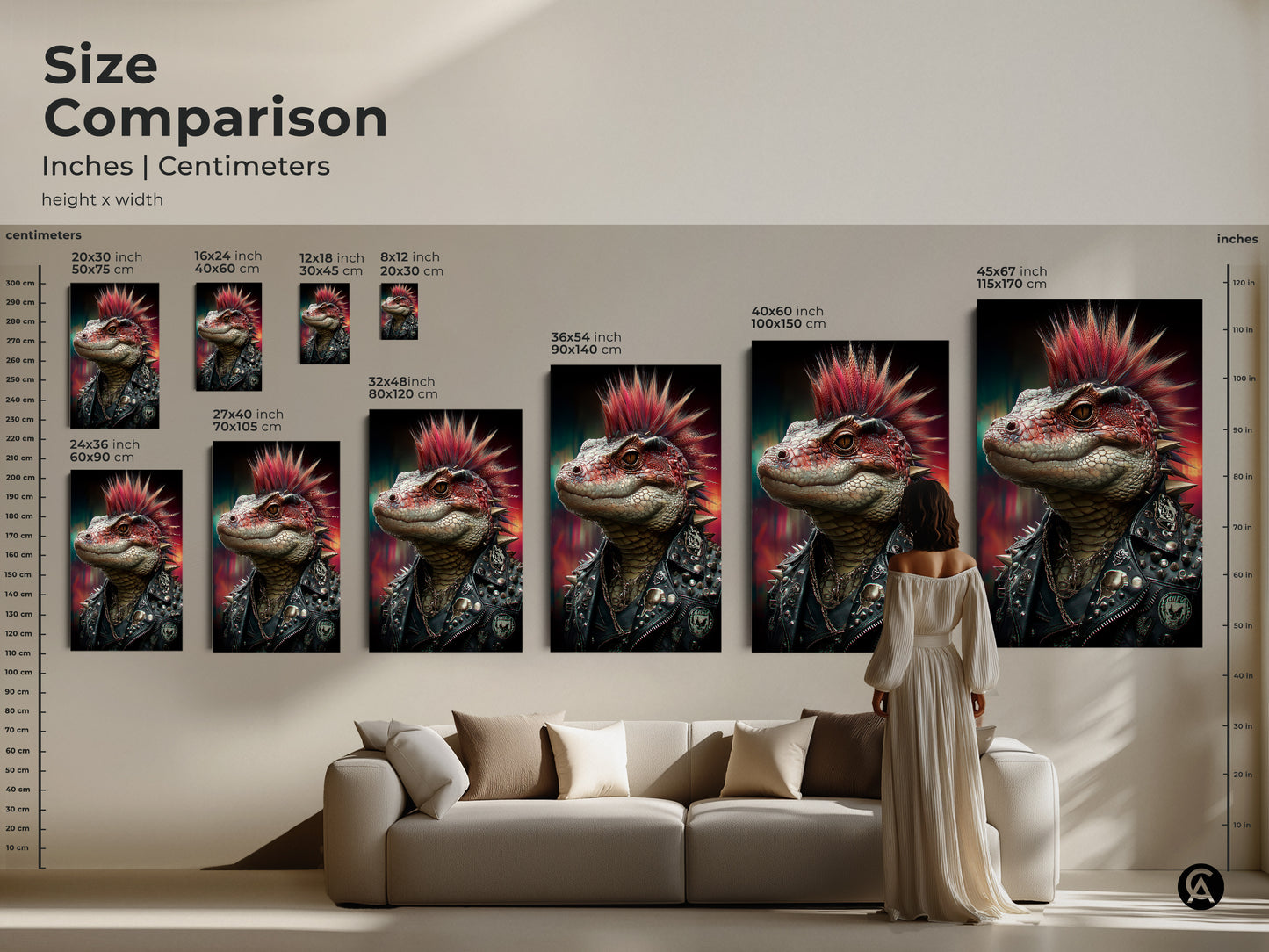 Size comparison of punk lizard prints in inches and centimeters. Gothic punk lizard print sizes range from small to large. See how this eclectic lizard artwork looks above a sofa. Find the perfect fit with canvas and poster options for wall decor.