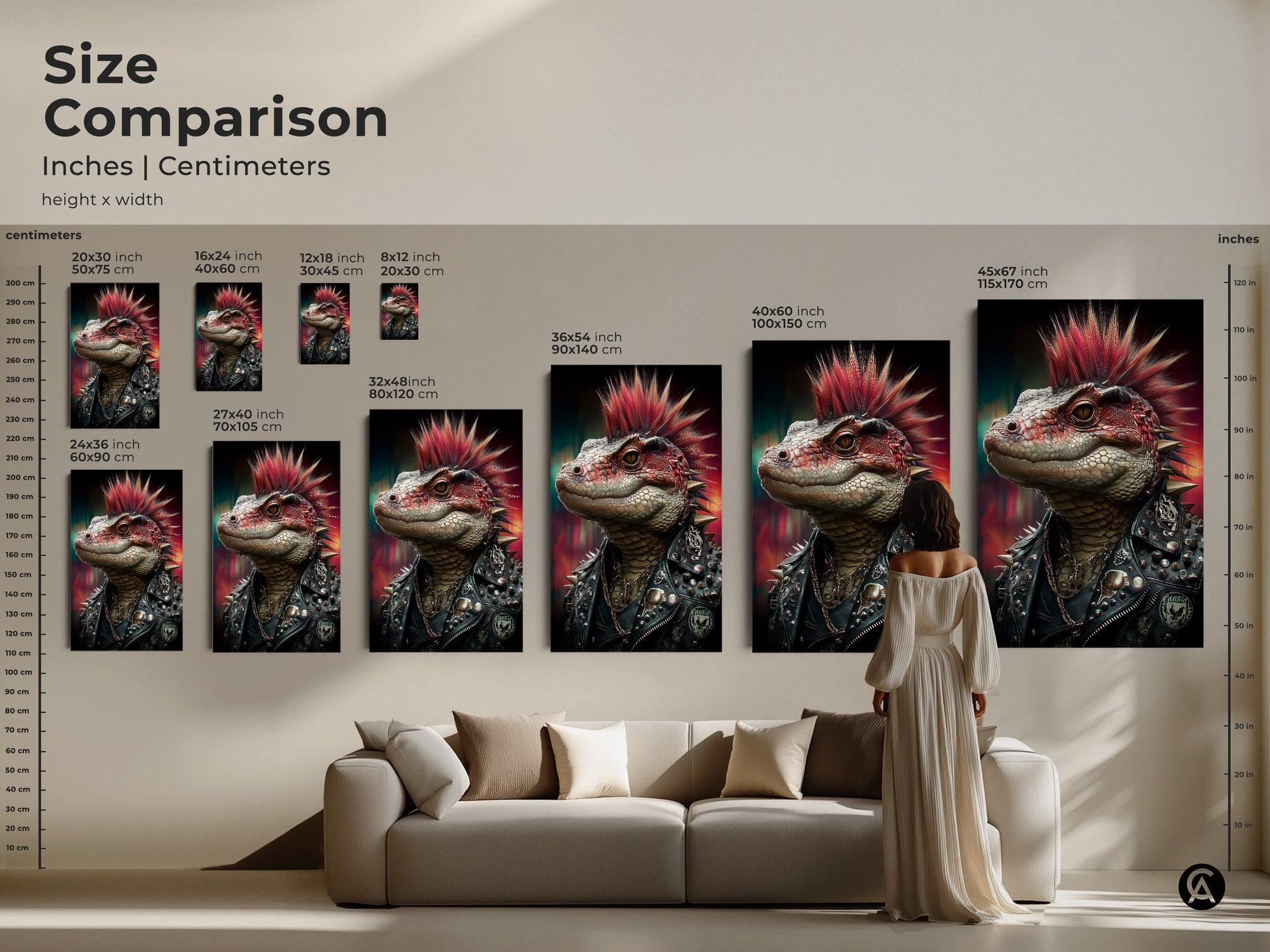 Size comparison of punk lizard prints in inches and centimeters. Gothic punk lizard print sizes range from small to large. See how this eclectic lizard artwork looks above a sofa. Find the perfect fit with canvas and poster options for wall decor.