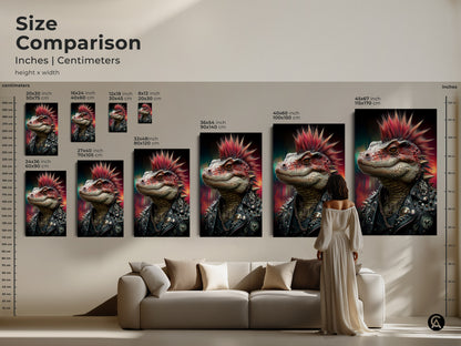 Size comparison of punk lizard prints in inches and centimeters. Gothic punk lizard print sizes range from small to large. See how this eclectic lizard artwork looks above a sofa. Find the perfect fit with canvas and poster options for wall decor.