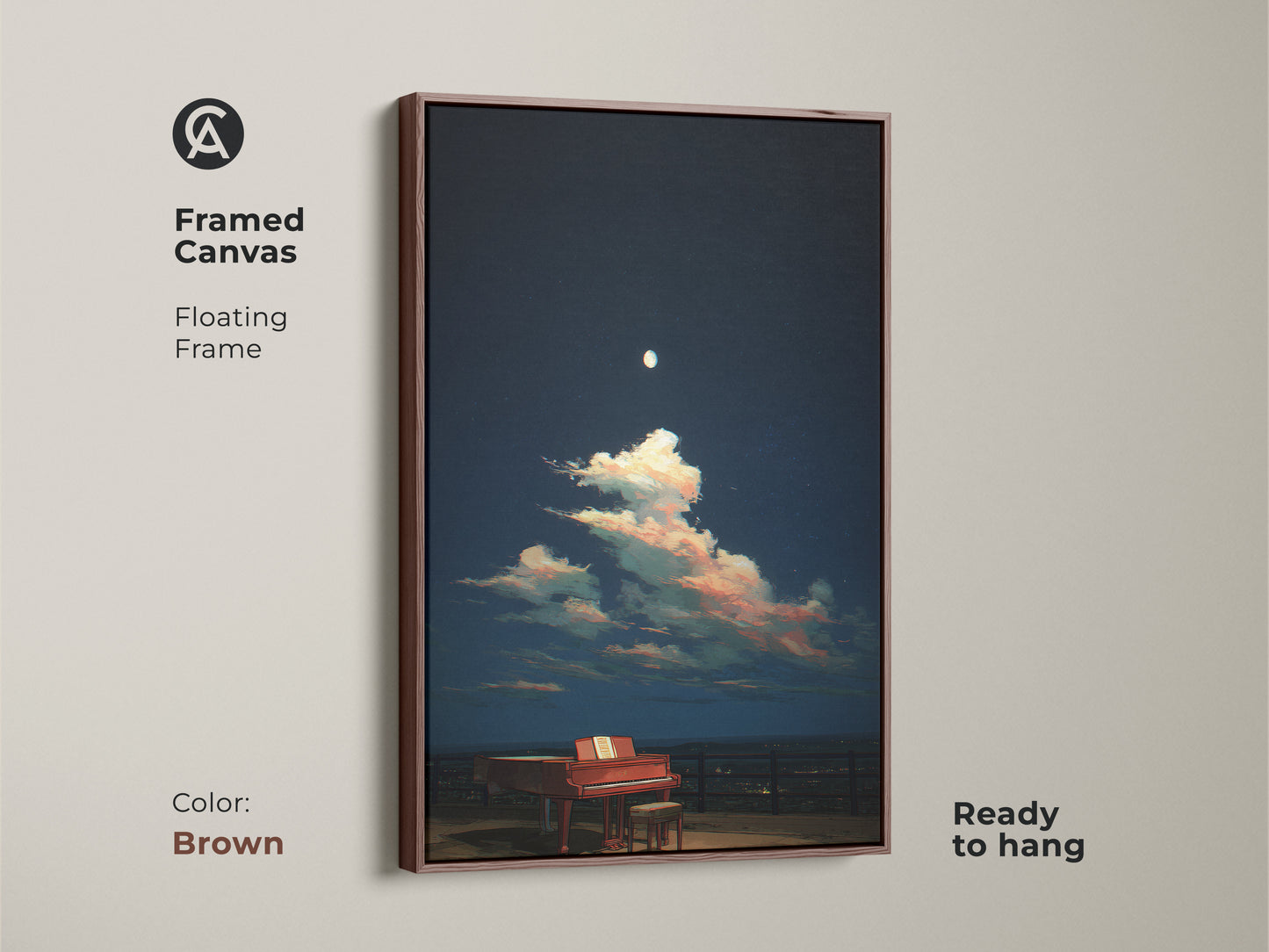 This framed canvas features a surreal grand piano beneath a night sky. The brown floating frame complements the artwork. It arrives ready to hang for easy display. Pink and blue clouds create a dreamy scene. Ideal for eclectic decor. It is a unique gift for music lovers.