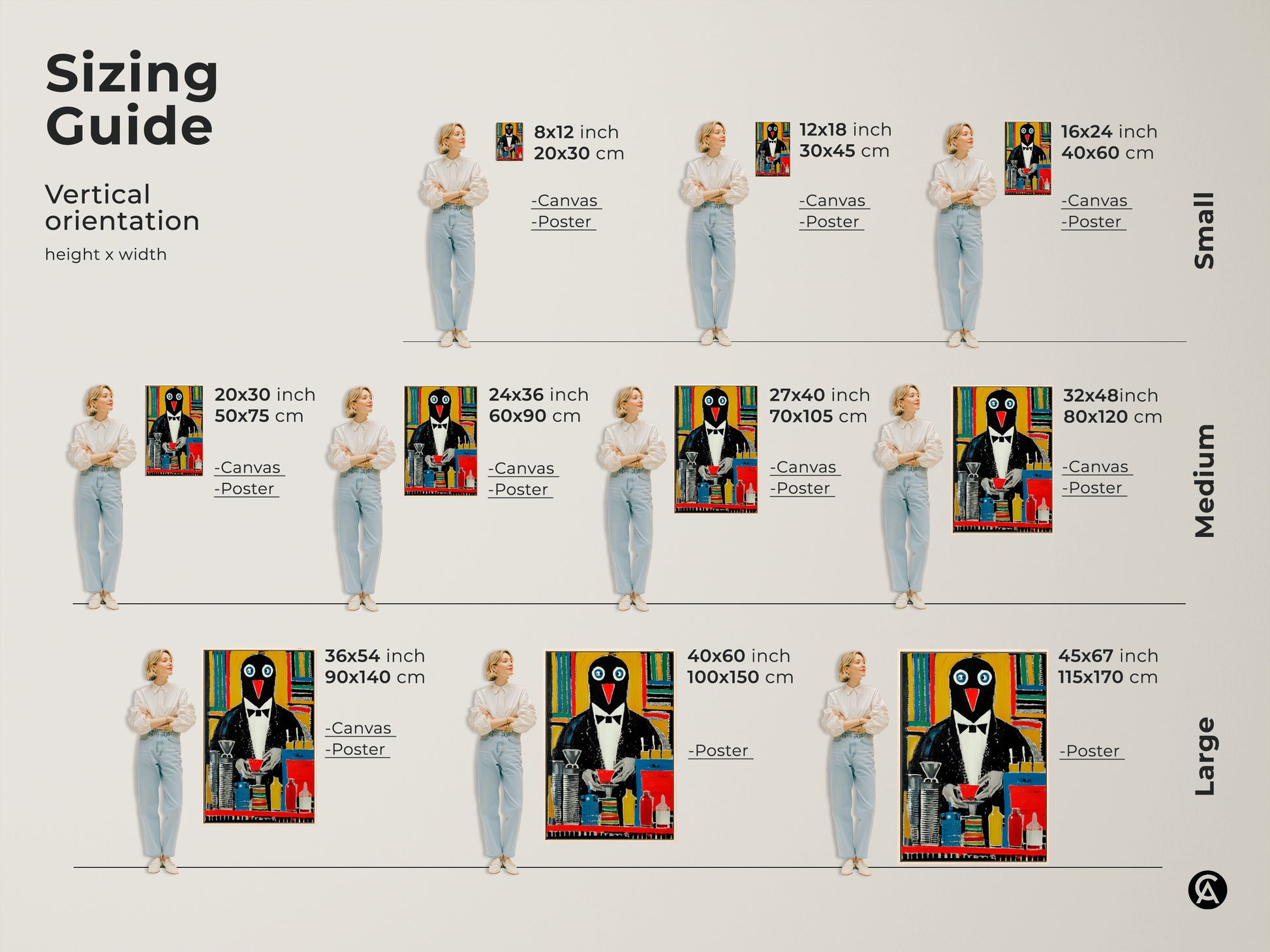 Sizing guide for vertical penguin artwork. Available in small medium and large. See the 8x12 12x18 16x24 20x30 24x36 27x40 32x48 36x54 40x60 and 45x67 inch options