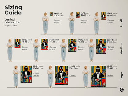 Sizing guide for vertical penguin artwork. Available in small medium and large. See the 8x12 12x18 16x24 20x30 24x36 27x40 32x48 36x54 40x60 and 45x67 inch options