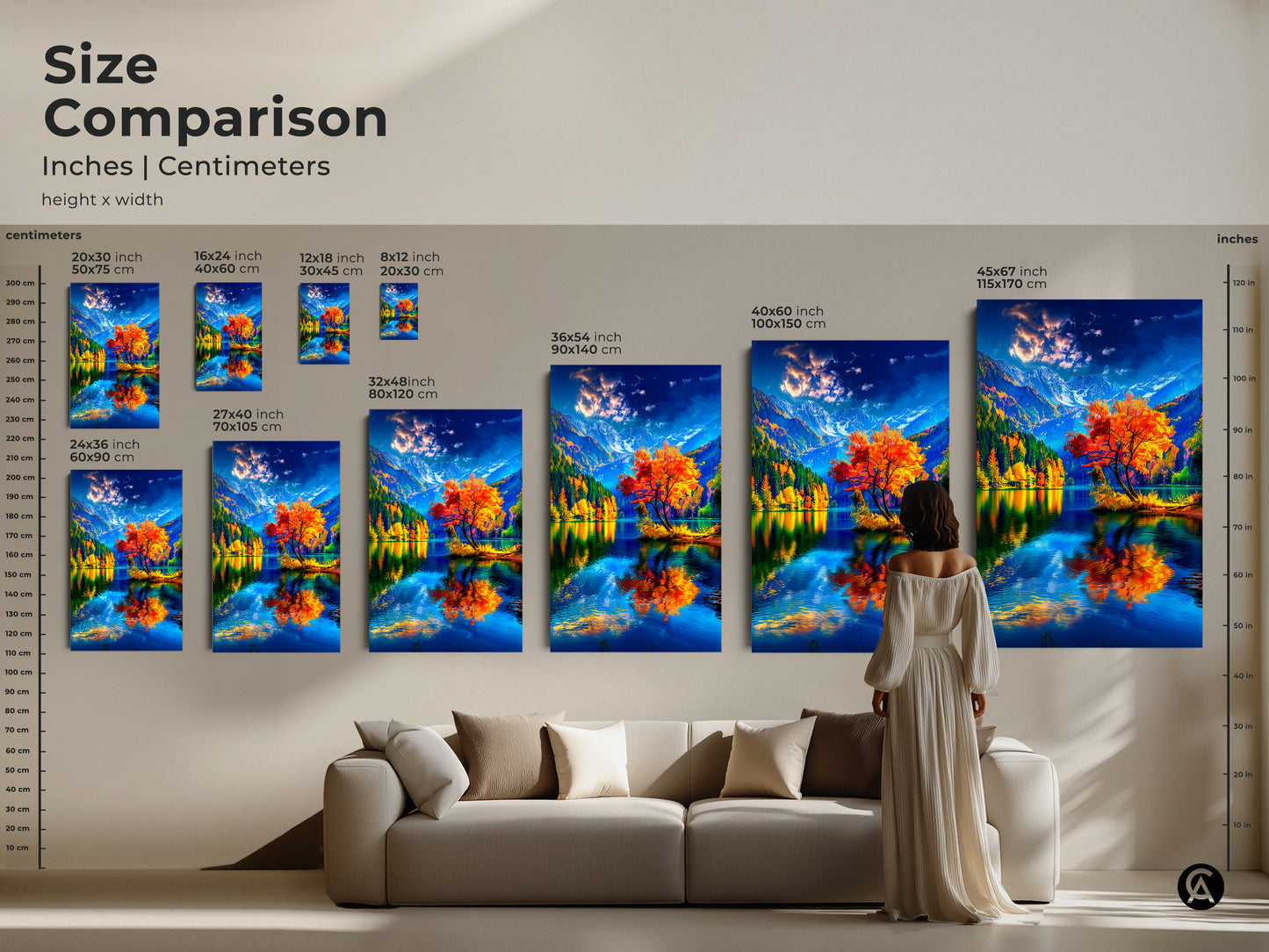 Compare sizes and envision the perfect artwork for your home. This autumn landscape featuring a vibrant orange tree and serene lake is available in various dimensions. From small to large find the ideal size to enhance your living space. Shop now and transform your home decor with our stunning prints.