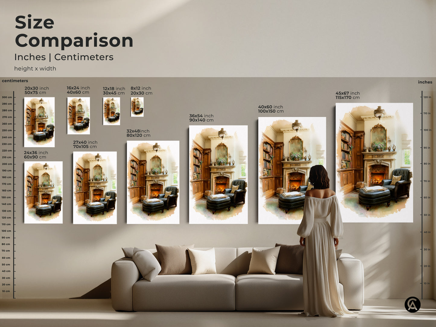 Size comparison showcasing this cozy library artwork in inches and centimeters. From small to large sizes to fit any room. Visualize how this traditional decor looks above a sofa. Perfect book lover's art for a sophisticated living room. A timeless piece for any elegant home interior.