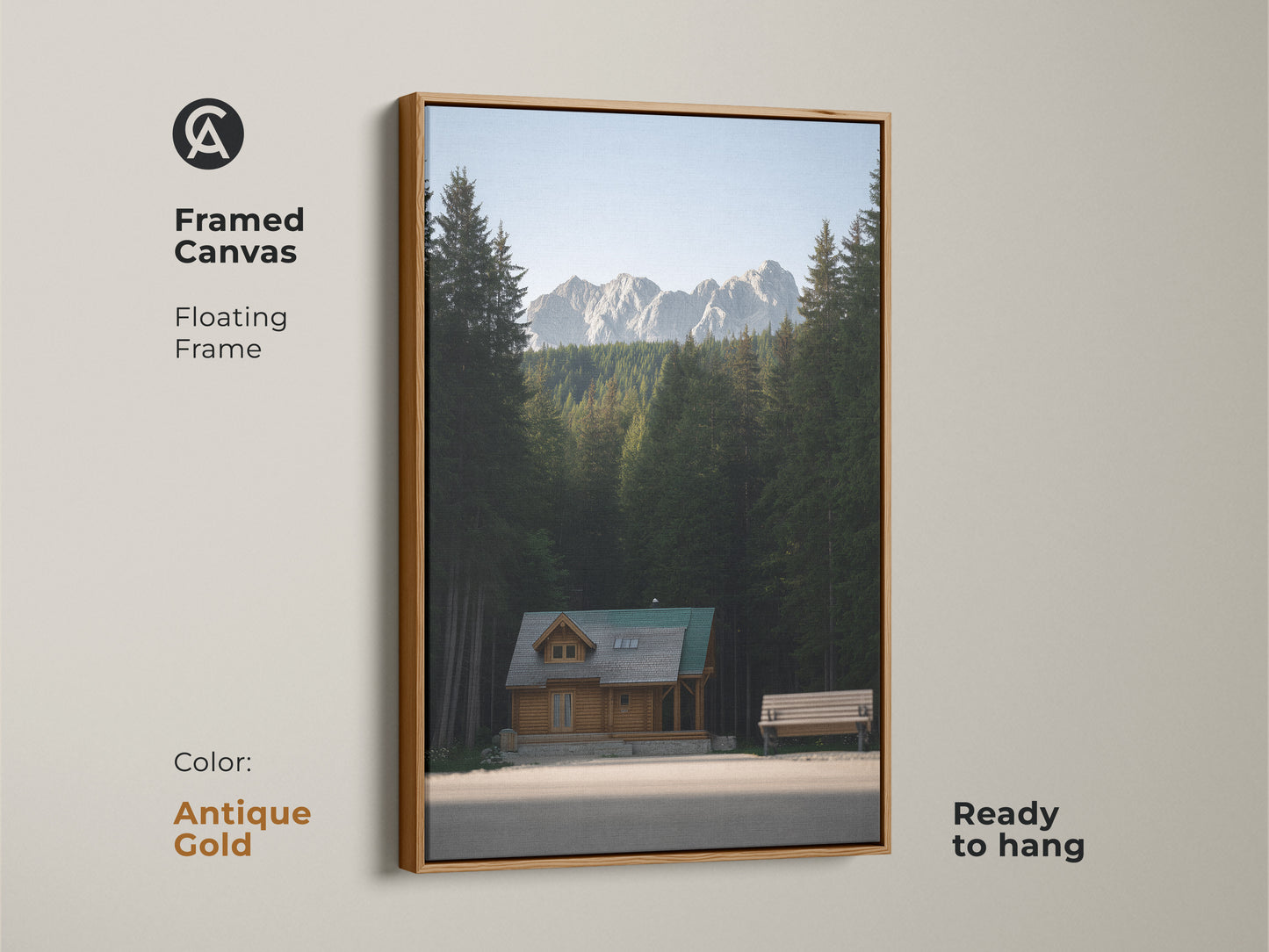 Framed Canvas art of a log cabin. This mountain forest canvas print features a floating frame in antique gold. It is ready to hang. The rustic home decor art brings an outdoor adventure to your wall.