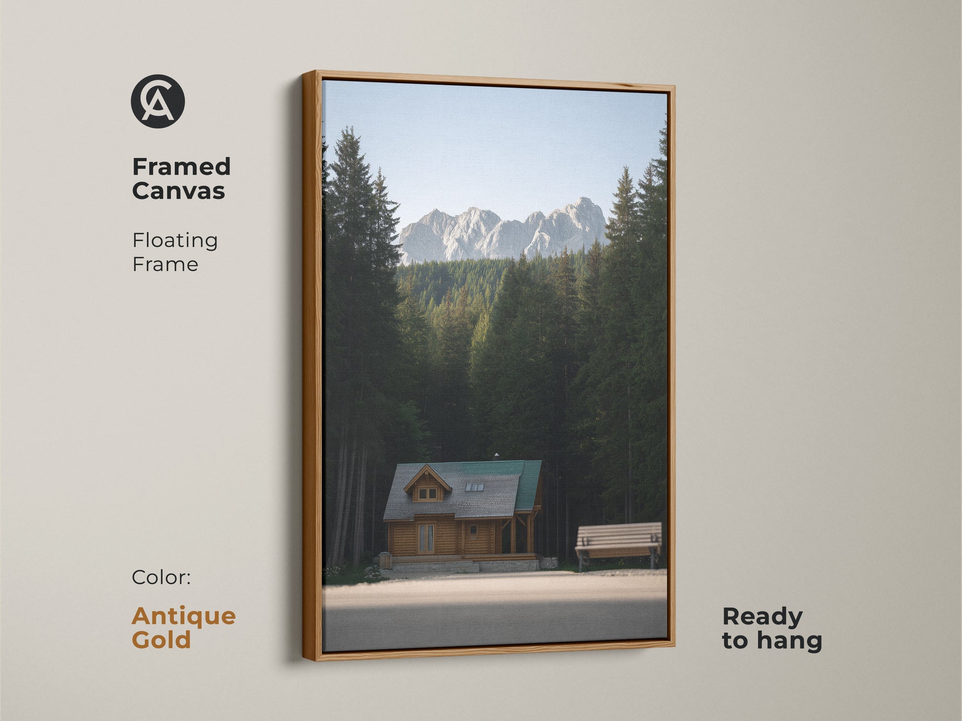 Framed Canvas art of a log cabin. This mountain forest canvas print features a floating frame in antique gold. It is ready to hang. The rustic home decor art brings an outdoor adventure to your wall.