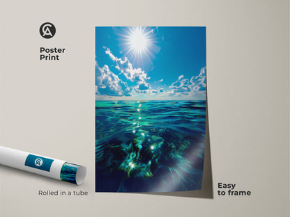 Poster print of ocean waves art. Deep blue sea artwork with sunlight reflection rolled in a tube is easy to frame. Coastal wall art decor with turquoise ocean print. Bright blue sky art brings refreshing sea vibes. Ideal housewarming beach gift.