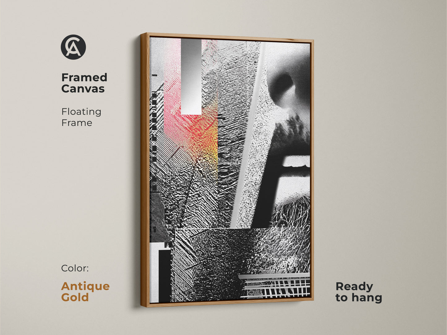 Framed Canvas presenting Glitch Art. This floating frame showcases the abstract geometric face collage in black white and red hues. This mixed media artwork is ready to hang adding an industrial style art element. The frame color is antique gold.