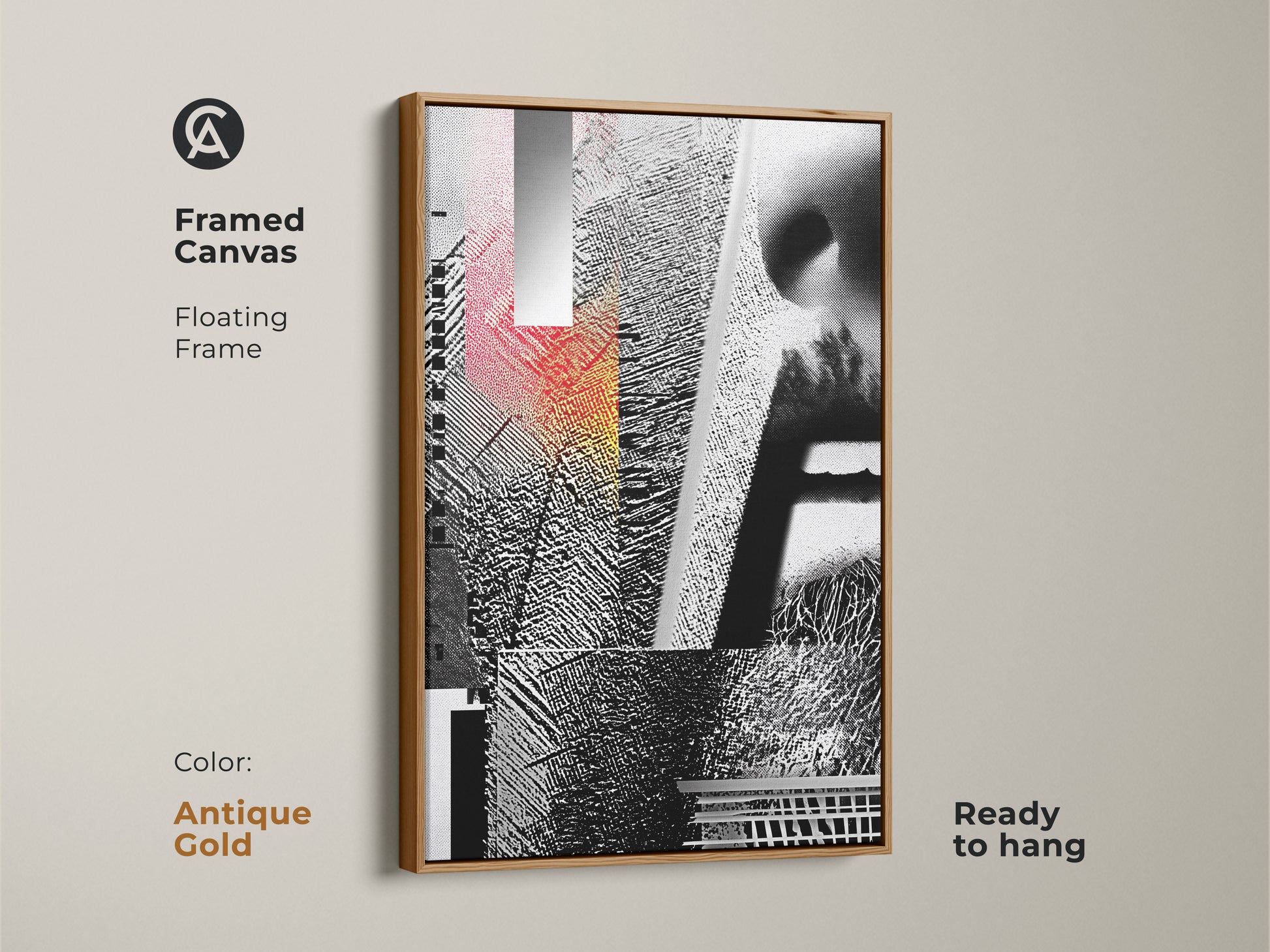 Framed Canvas presenting Glitch Art. This floating frame showcases the abstract geometric face collage in black white and red hues. This mixed media artwork is ready to hang adding an industrial style art element. The frame color is antique gold.
