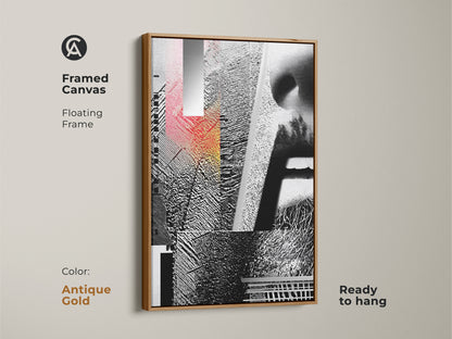 Framed Canvas presenting Glitch Art. This floating frame showcases the abstract geometric face collage in black white and red hues. This mixed media artwork is ready to hang adding an industrial style art element. The frame color is antique gold.