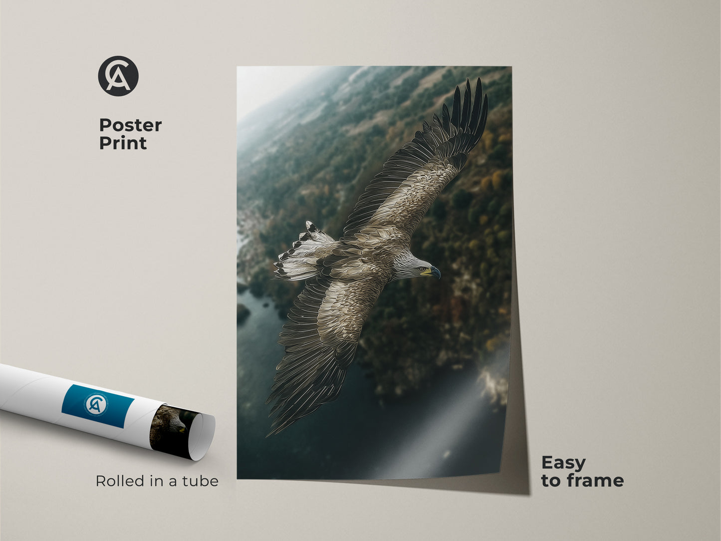 Poster print of an eagle flying over a deep teal forest landscape. This wildlife art is easy to frame and brings nature indoors. Perfect as a birdwatcher gift idea. The rustic earthy tones enhance any space. This avian artwork is a nature lover's dream.