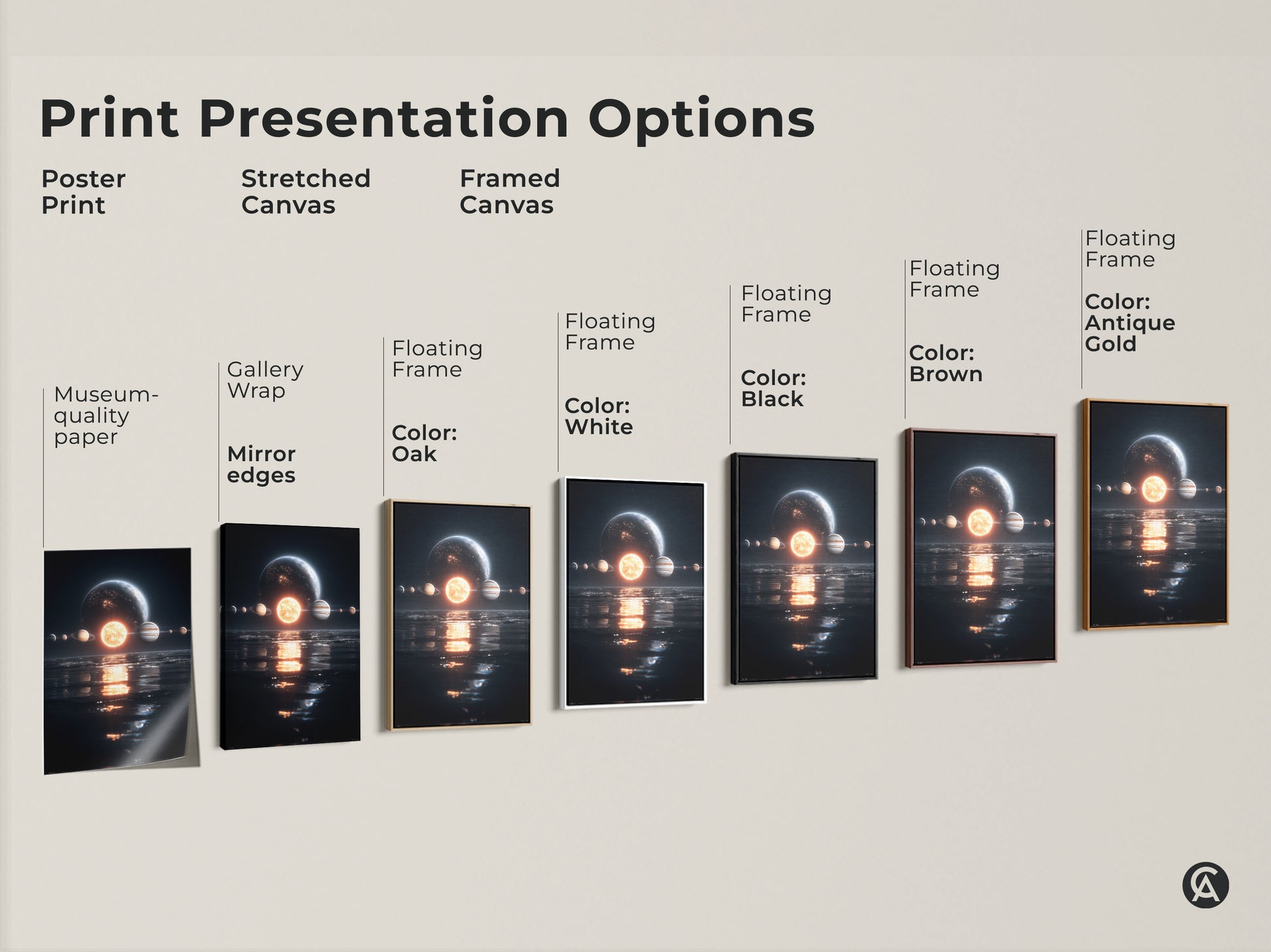 Various print presentation options. Poster print is rolled. Stretched canvas has gallery wrap and mirror edges. Framed canvas has floating frames in black brown antique gold oak and white colors.