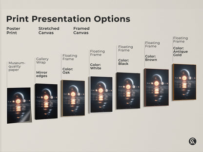 Various print presentation options. Poster print is rolled. Stretched canvas has gallery wrap and mirror edges. Framed canvas has floating frames in black brown antique gold oak and white colors.