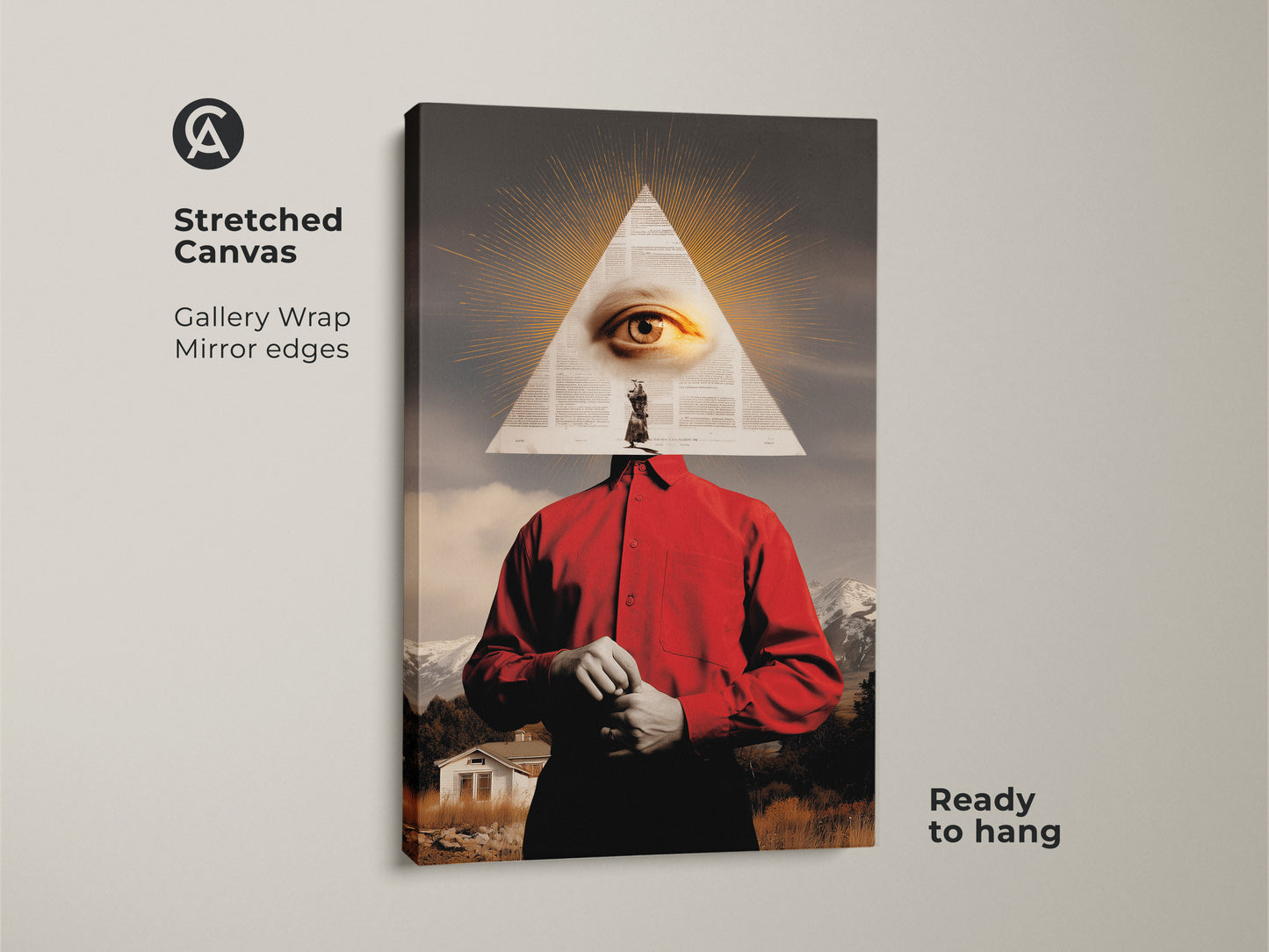 Stretched canvas of surreal eye mountain collage art. Gold and red landscape wall art perfect for eclectic home or office decor. The symbolic triangle eye print offers conceptual art for a study room. Hang this unique surrealist piece today