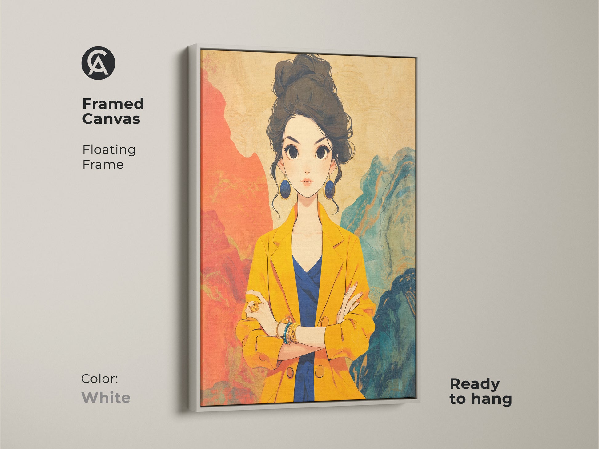 Framed canvas print with a white floating frame showcasing a modern anime-inspired woman. The contemporary fashion art features a striking yellow and blue palette. This ready-to-hang piece adds a fresh and stylish touch to any wall decor. It makes a great gift for those who appreciate unique art.