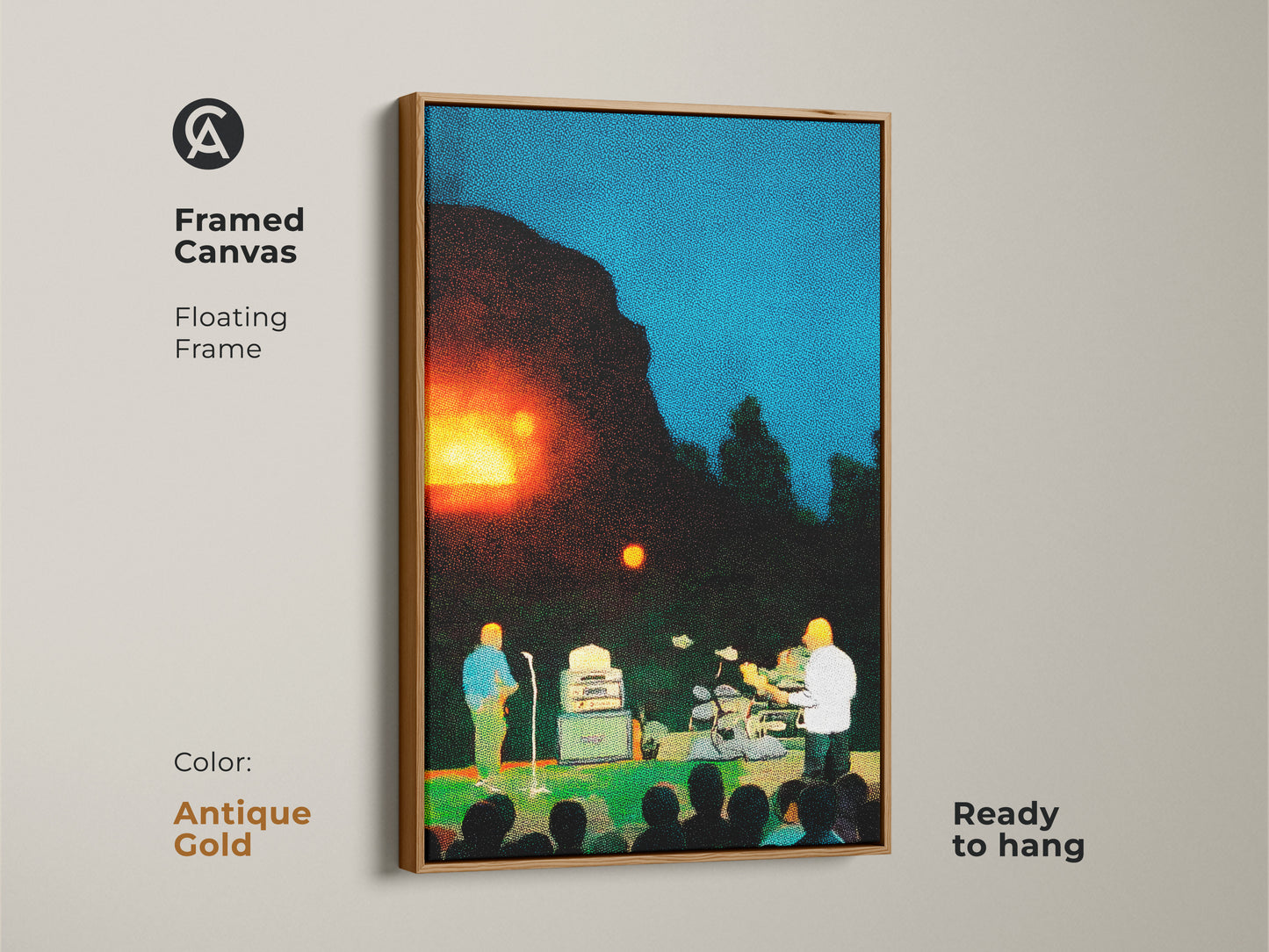 Add a touch of elegance with this framed canvas art. The concert scene is created with pointillism. The floating frame is antique gold. This musician stage art has blue orange and green hues. This wall hanging adds unique decor to any room. It is ready to hang.