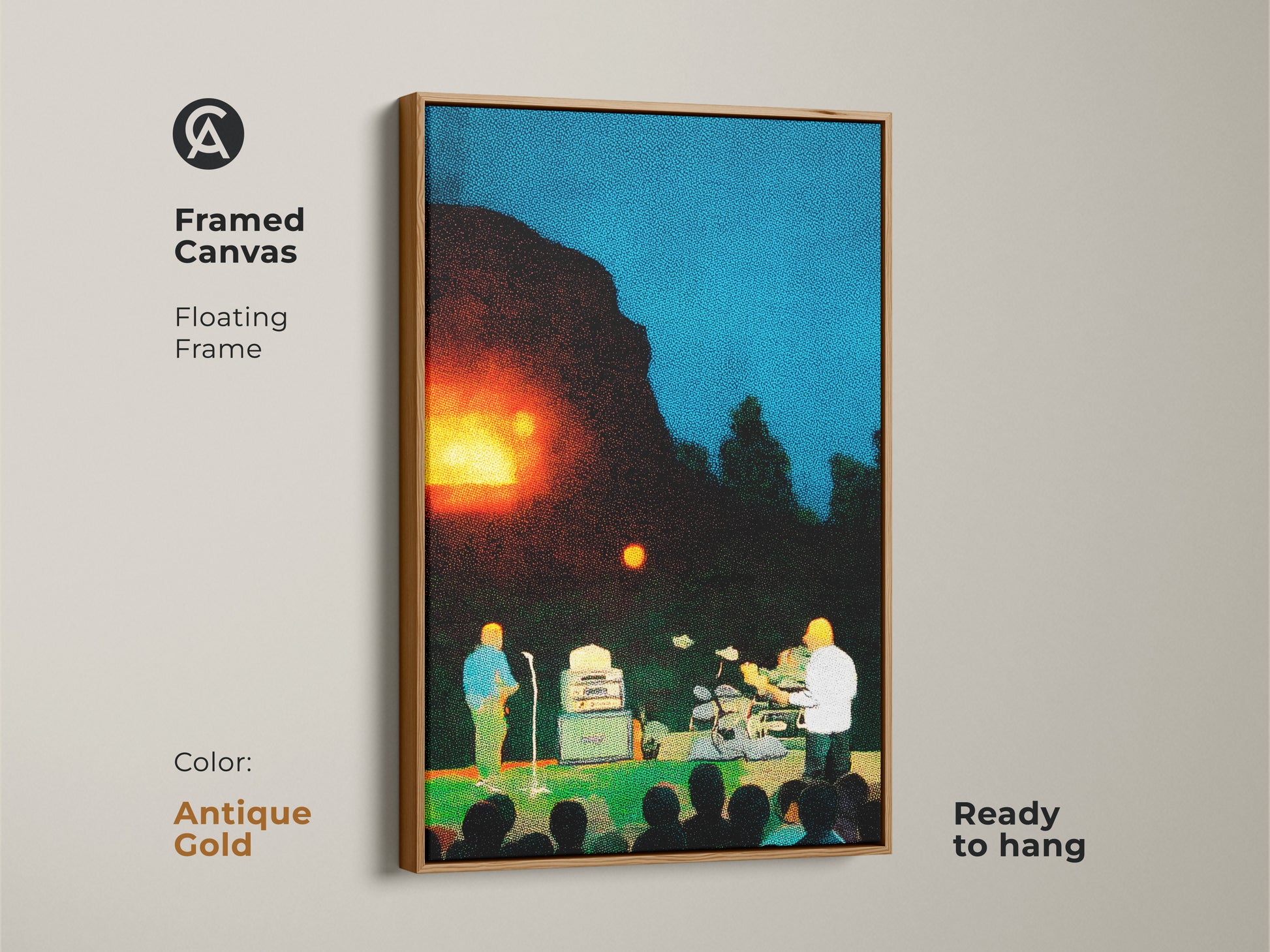 Add a touch of elegance with this framed canvas art. The concert scene is created with pointillism. The floating frame is antique gold. This musician stage art has blue orange and green hues. This wall hanging adds unique decor to any room. It is ready to hang.