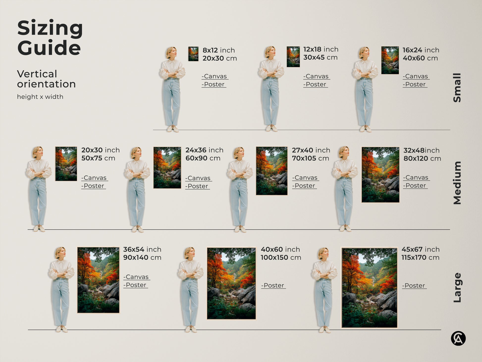 Sizing guide for vertical artwork. Visualize canvas and poster art in various sizes. Find the perfect fit for your space. The autumn forest landscape artwork brings nature's beauty indoors. Transform your home with stunning wall art today!