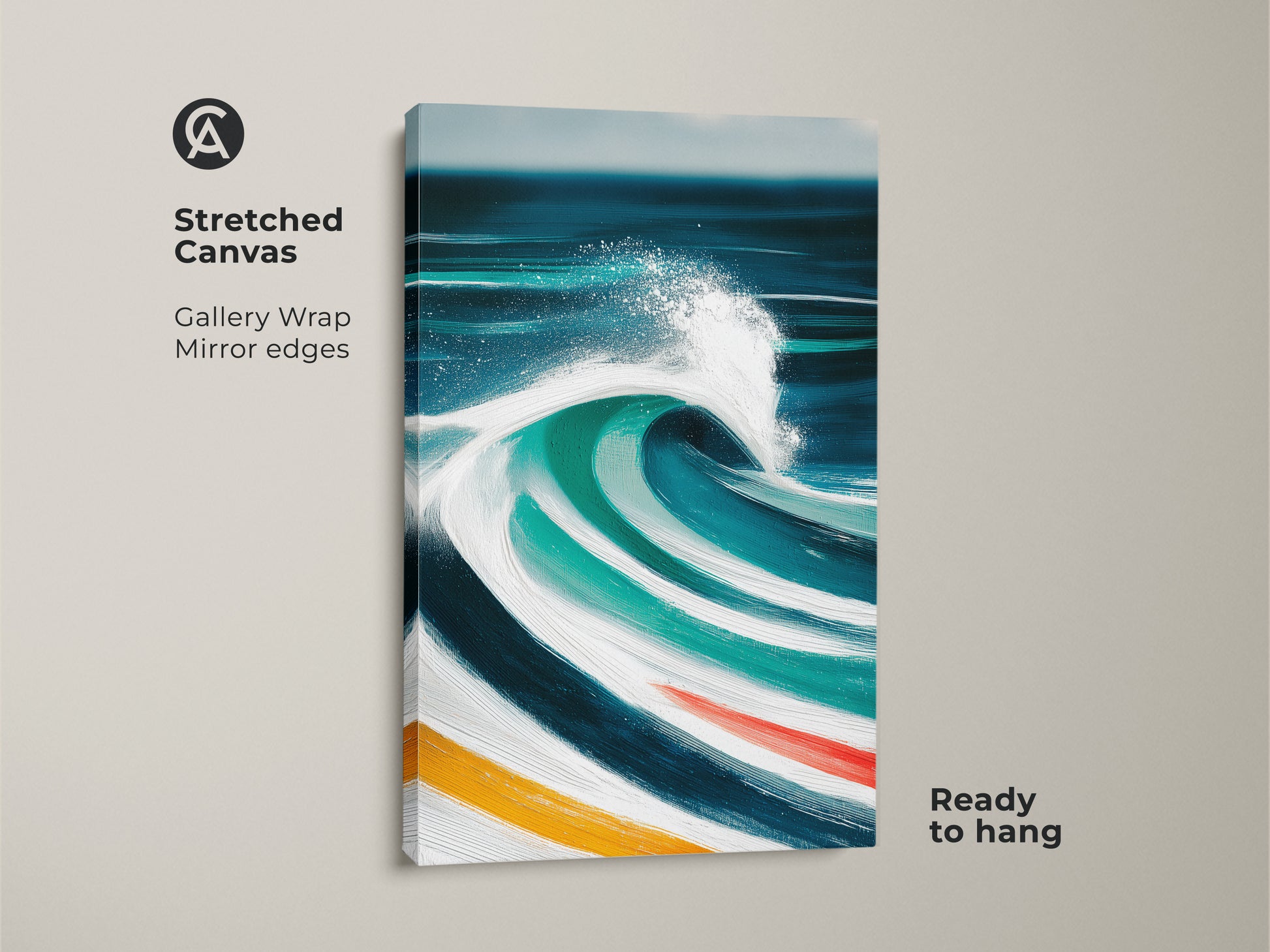 Stretched canvas art features an abstract ocean wave print in deep blue teal and turquoise. The gallery wrap with mirror edges ensures a modern seamless look. This coastal wall art is ready to hang bringing a splash of the ocean's power to any living room or bedroom decor.