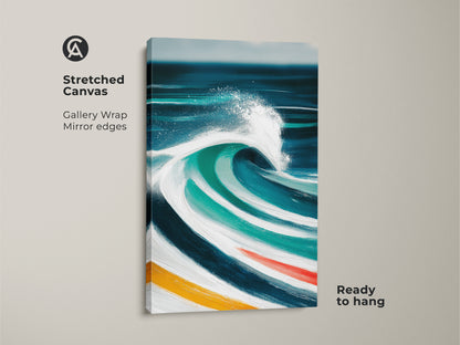 Stretched canvas art features an abstract ocean wave print in deep blue teal and turquoise. The gallery wrap with mirror edges ensures a modern seamless look. This coastal wall art is ready to hang bringing a splash of the ocean's power to any living room or bedroom decor.