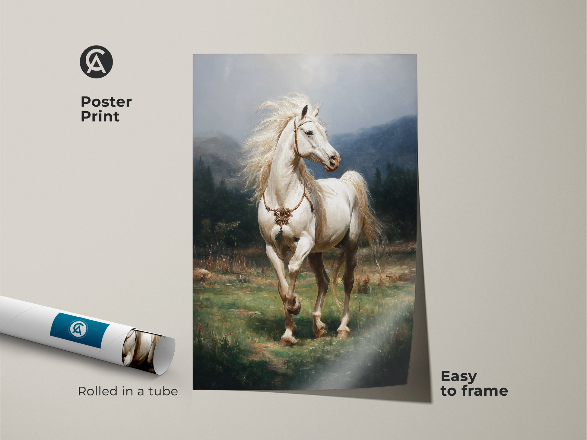 This is a poster print showcasing a realistic white horse. It has a rustic green landscape. Easy to frame it adds equestrian charm to any room. A perfect gift for horse lovers. This animal nature wall art captures serene countryside beauty. It is ideal for enhancing home decor.