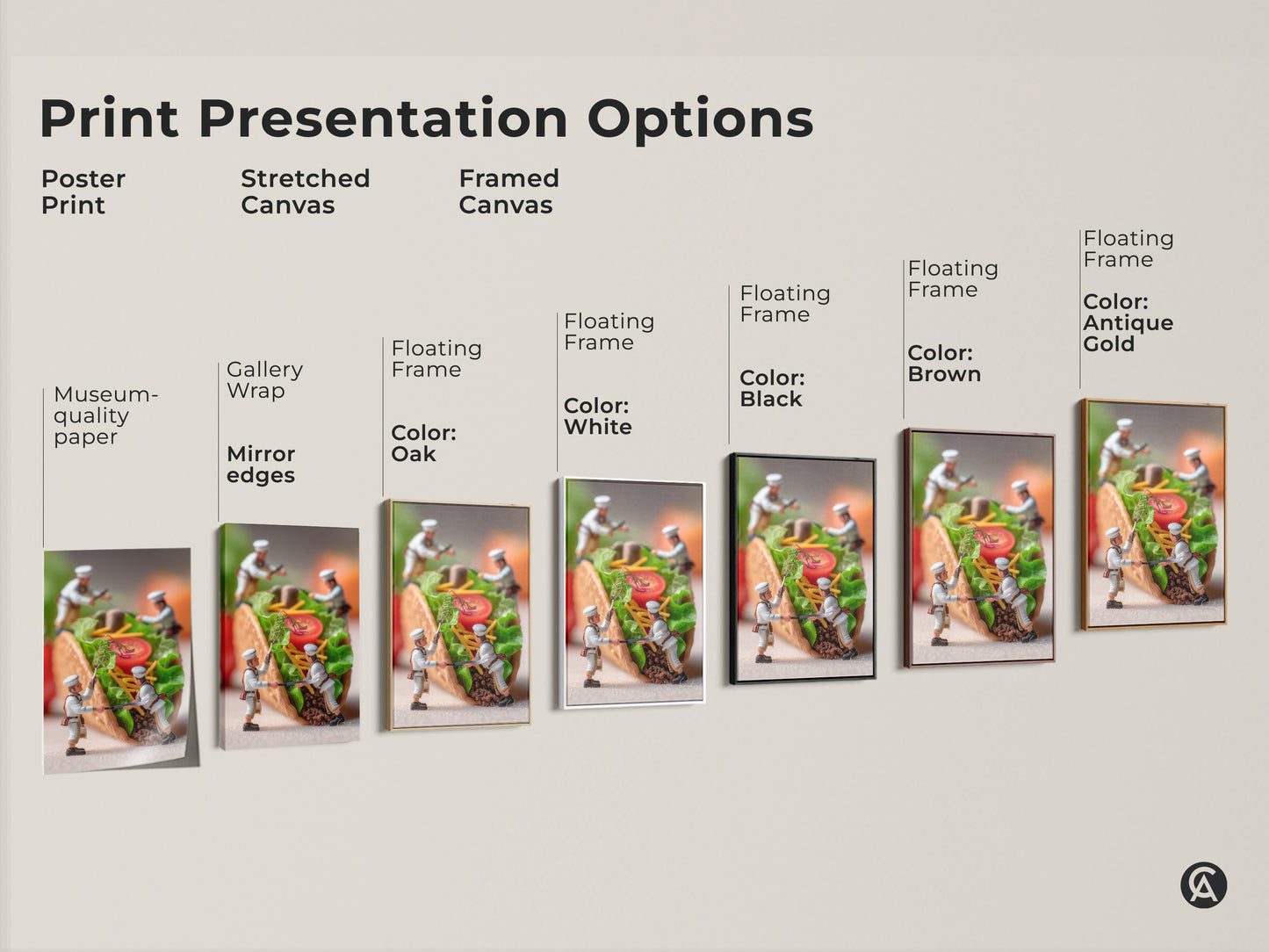 Explore print presentation options for culinary art. Choose from poster prints stretched canvas or framed canvas. Each option highlights miniature chefs creating a taco. Find the perfect art for your style.